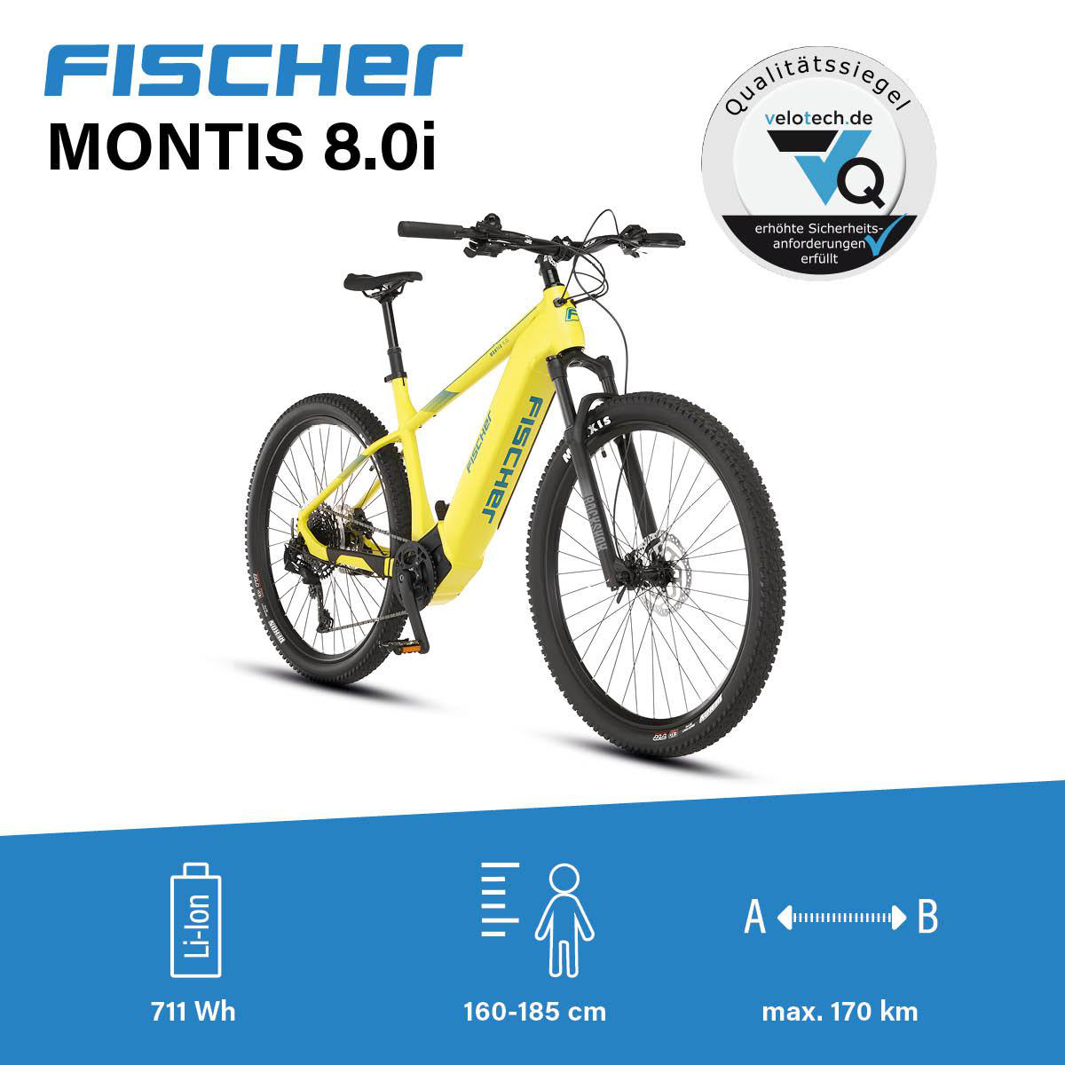 Gelbes Fischer Montis 8.0i E-Bike mit Qualitätsiegel und technischen Daten.