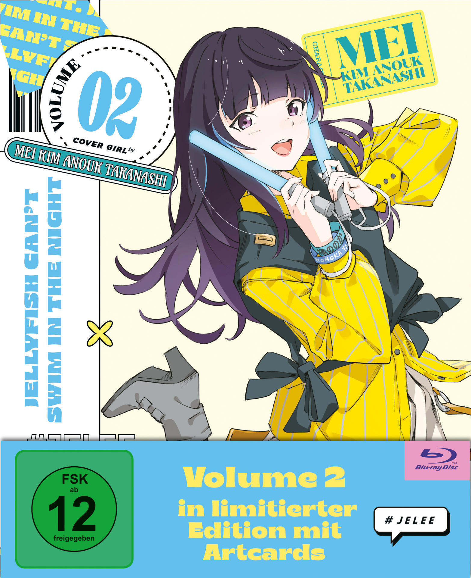 Anime-Cover zeigt ein Mädchen mit lila Haaren, das blaue Leuchtstäbe hält, auf einem gelben Hintergrund mit dem Titel "Volume 2".