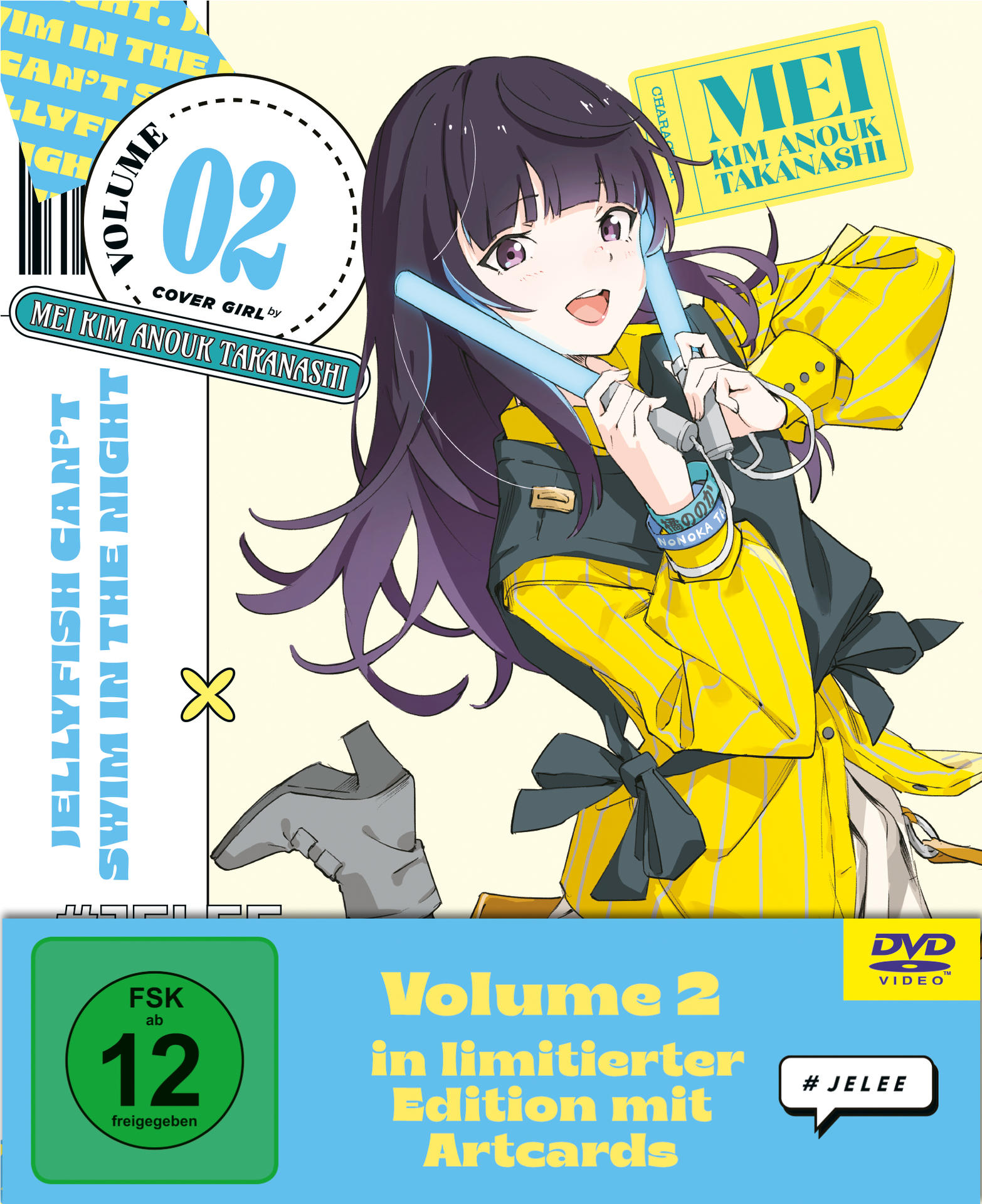 DVD-Cover zeigt Anime-Mädchen Mei mit Leuchtstäben, gelber Jacke und violettem Haar vor blauem Hintergrund.