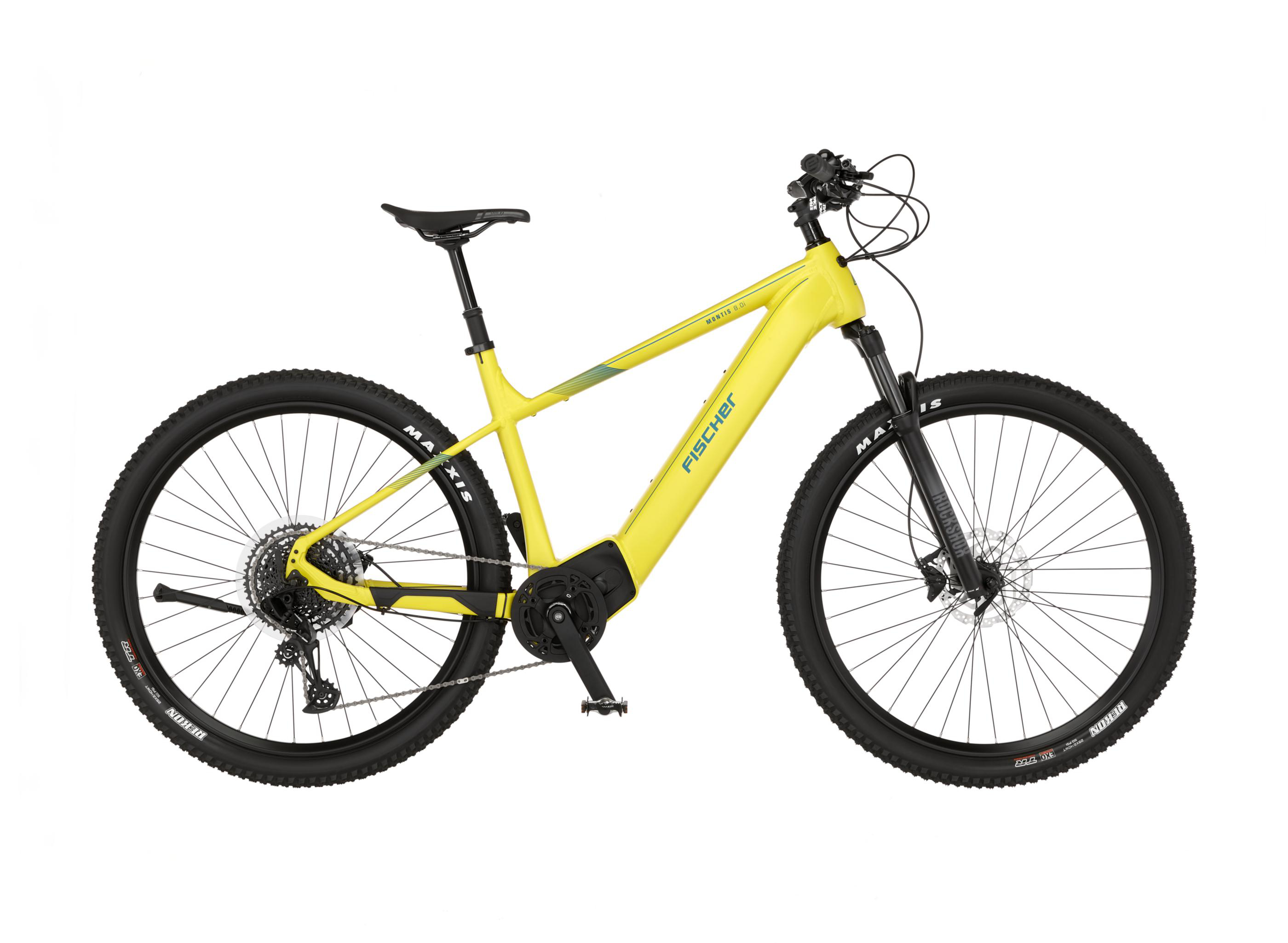 Gelbes Fischer Montis 6.0i E-Mountainbike mit schwarzen Reifen vor weißem Hintergrund.