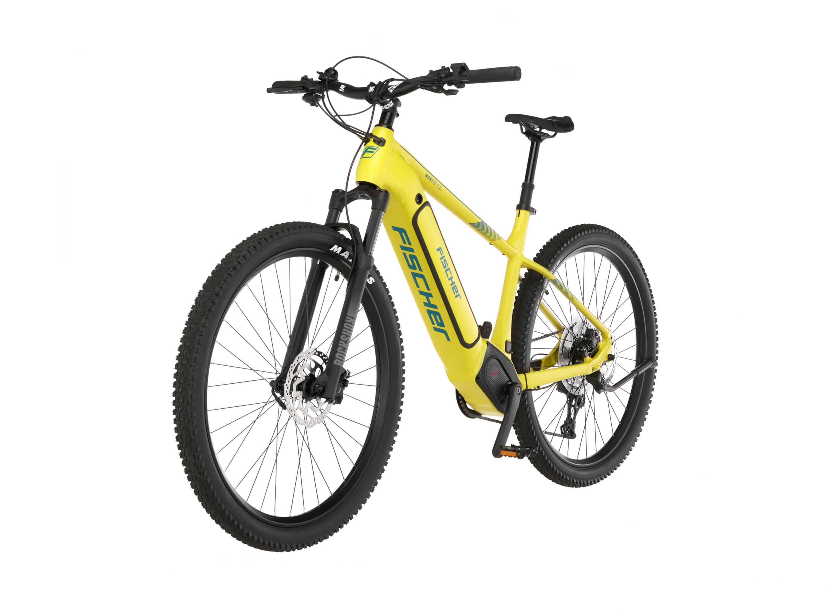 Gelbes Fischer-Elektrofahrrad auf weißem Hintergrund, mit schwarzen Reifen und Sattel.
