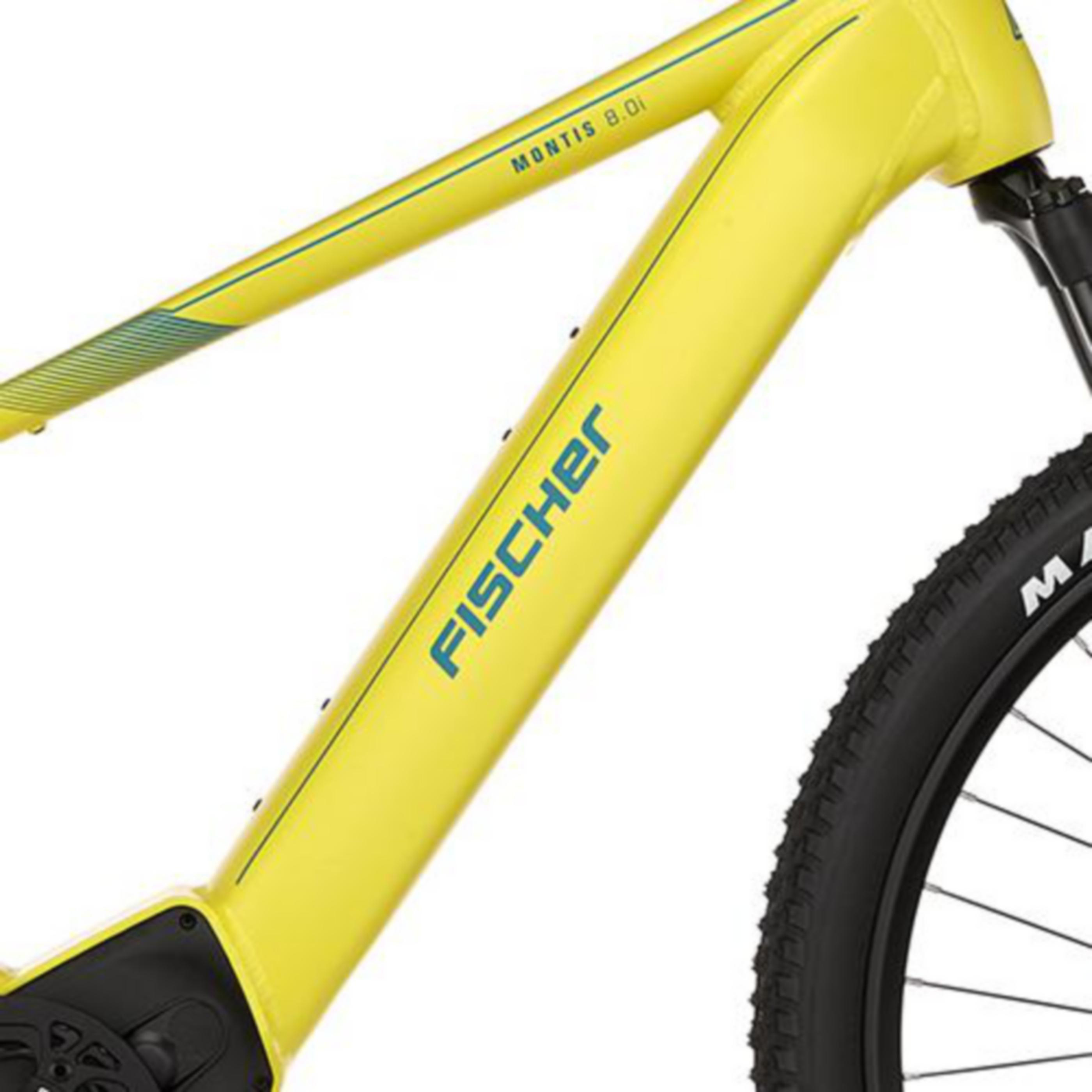 Detailaufnahme eines gelben Fischer Montis 8.0i E-Bikes mit Reifen.