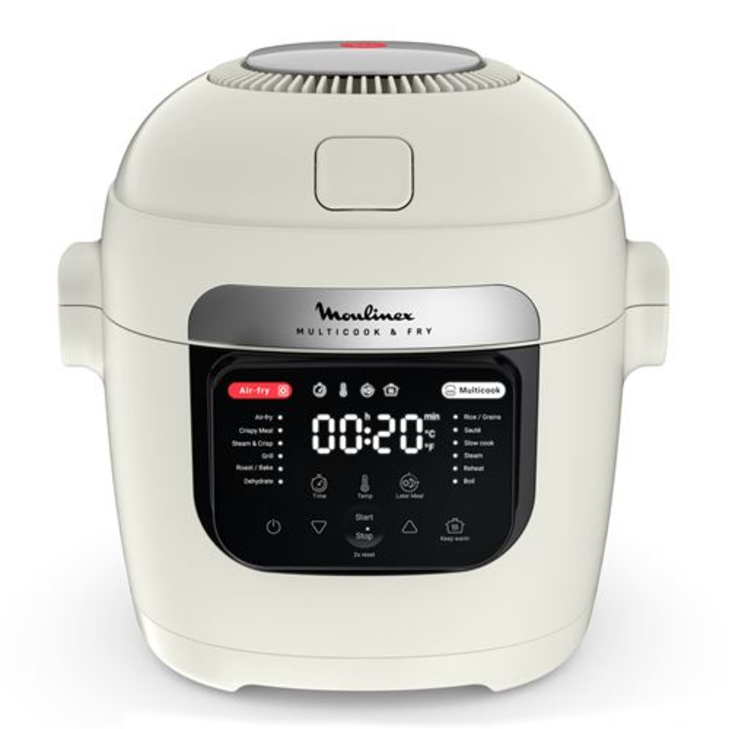 Cream-colored Moulinex multicooker with a digital display and various cooking functions.