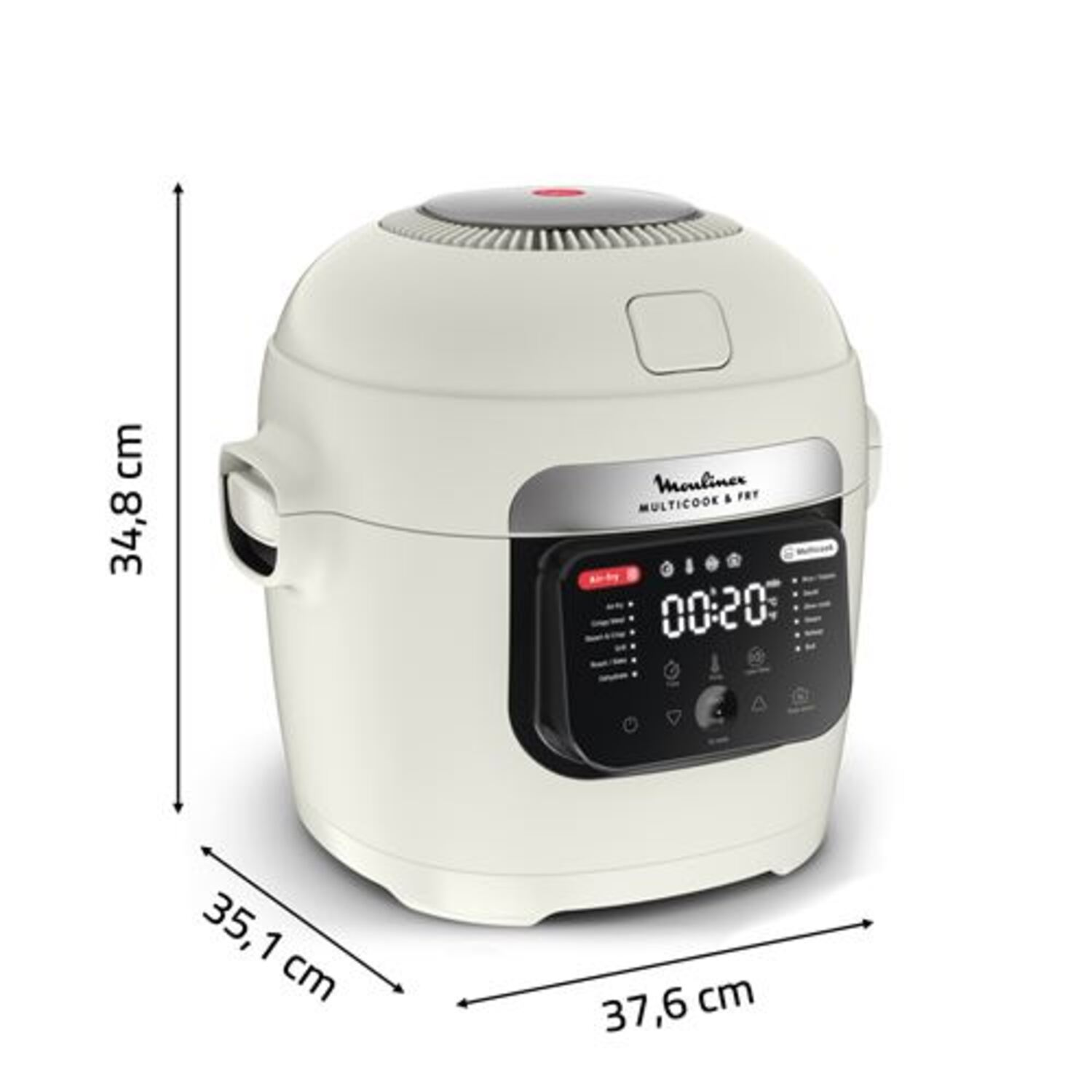 A cream Moulinex Multicooker Fry with a digital display showing 00:20, with dimension labels.