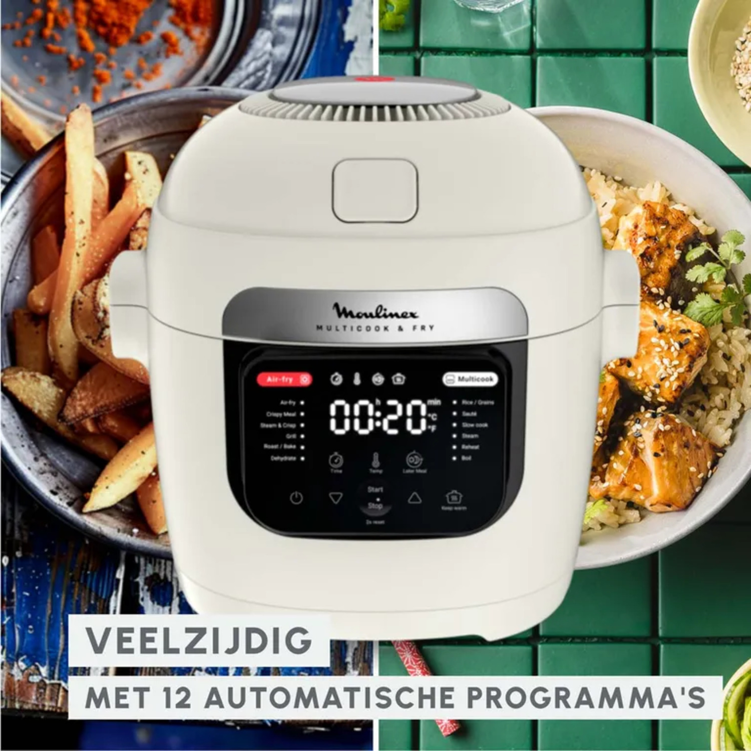 Multi cooker with food like fries and rice with chicken on blue and green background.