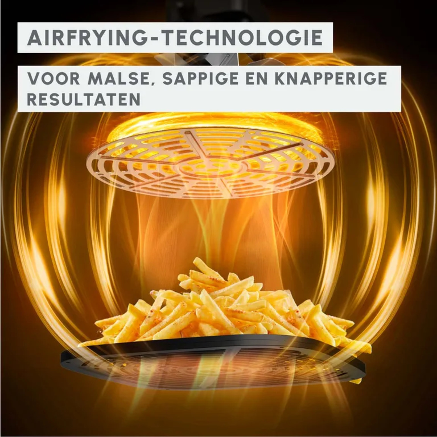French fries in an air fryer, surrounded by golden heat.