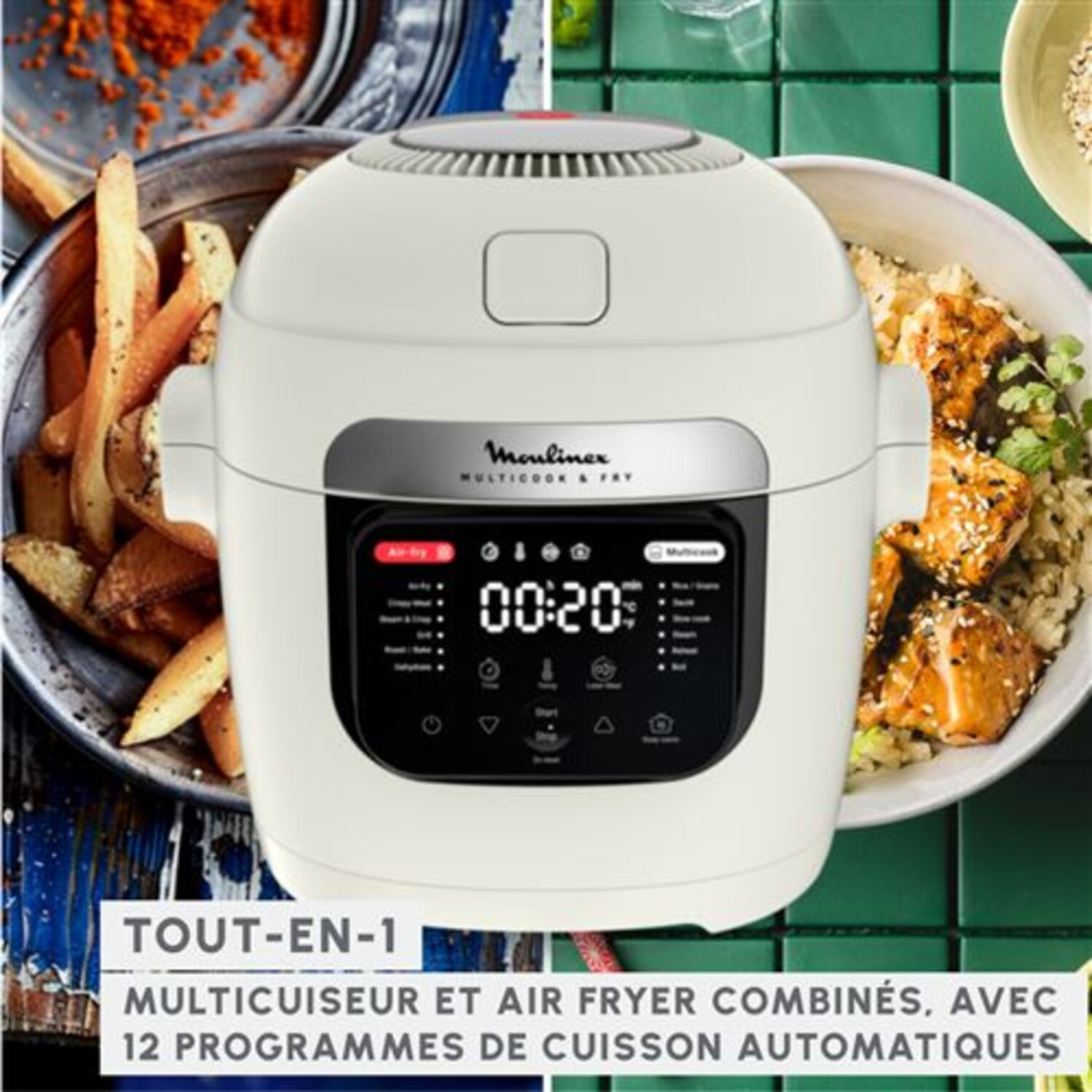 Un multicuiseur et friteuse Moulinex crème avec des plats en arrière-plan.