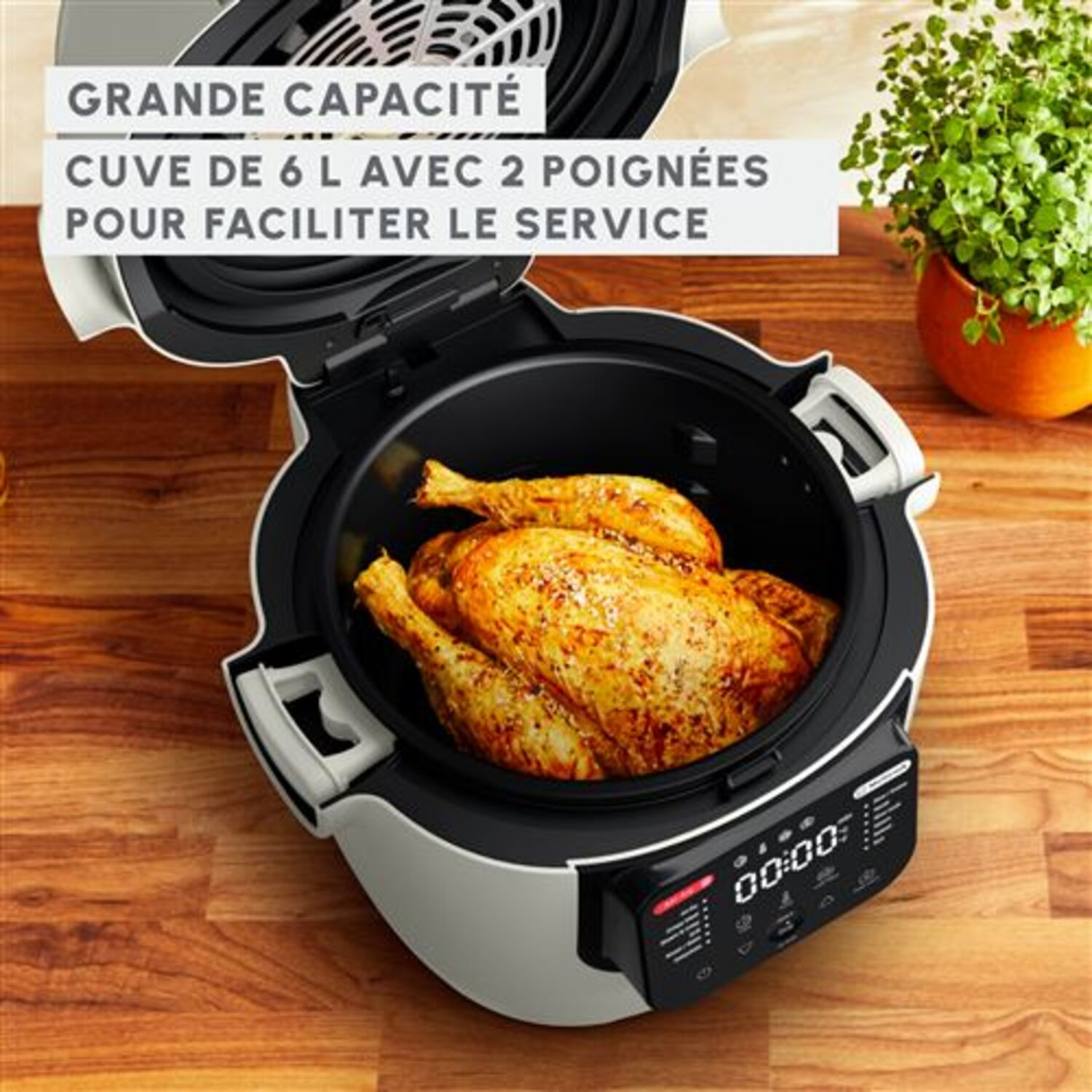 Une friteuse à air avec un poulet rôti à l'intérieur, sur une table en bois, à côté d'une plante.