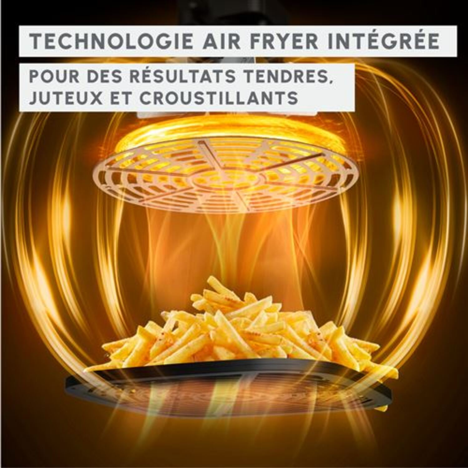 Une assiette de frites dorées sous une grille, entourée d'arcs de lumière dorés.