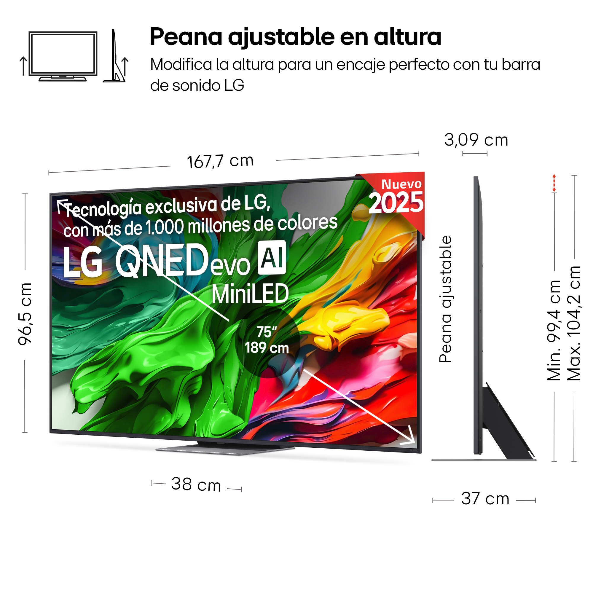 Dimensiones de un televisor LG QNEDevo AI MiniLED con soporte ajustable.