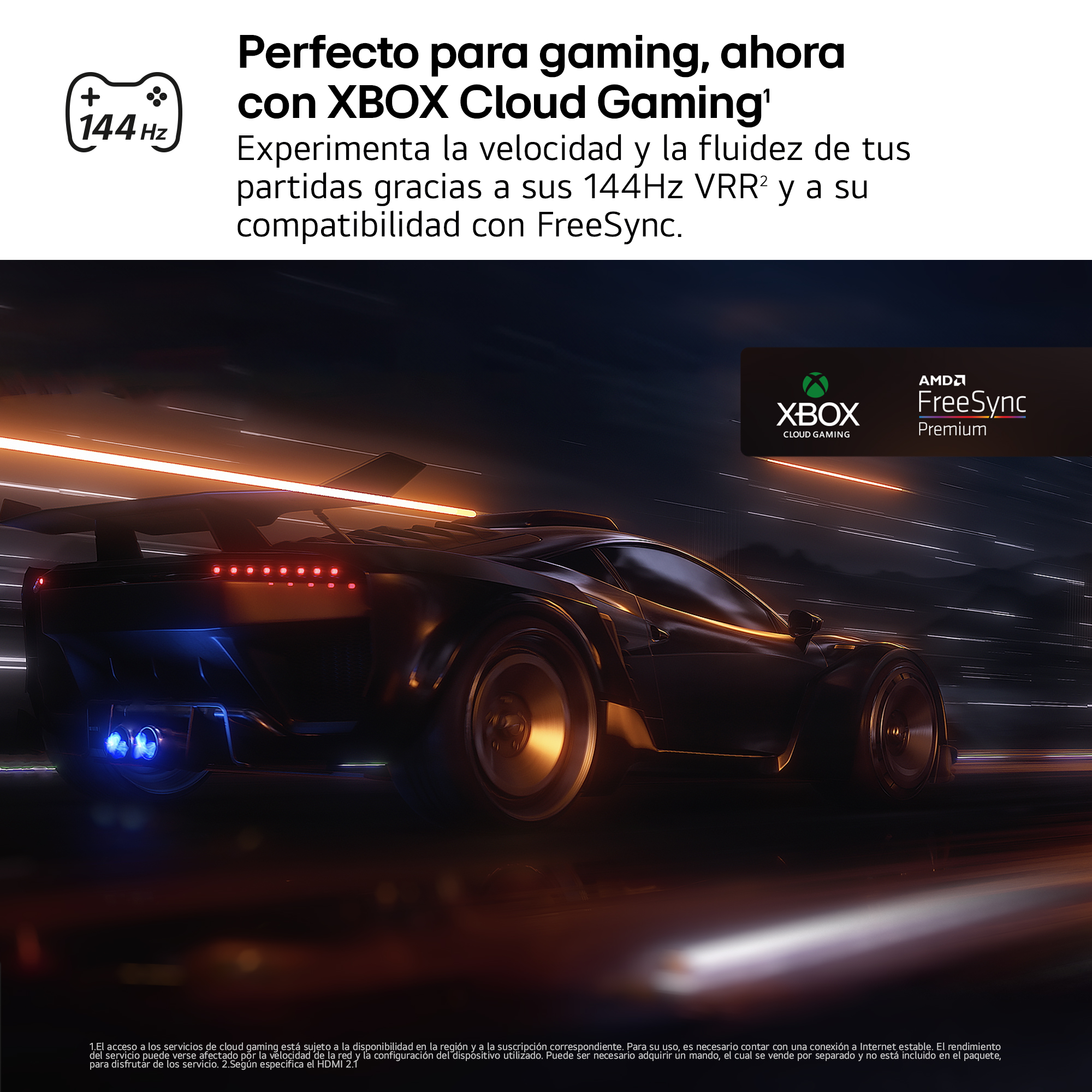 Coche negro con luces y Xbox Cloud Gaming de fondo.