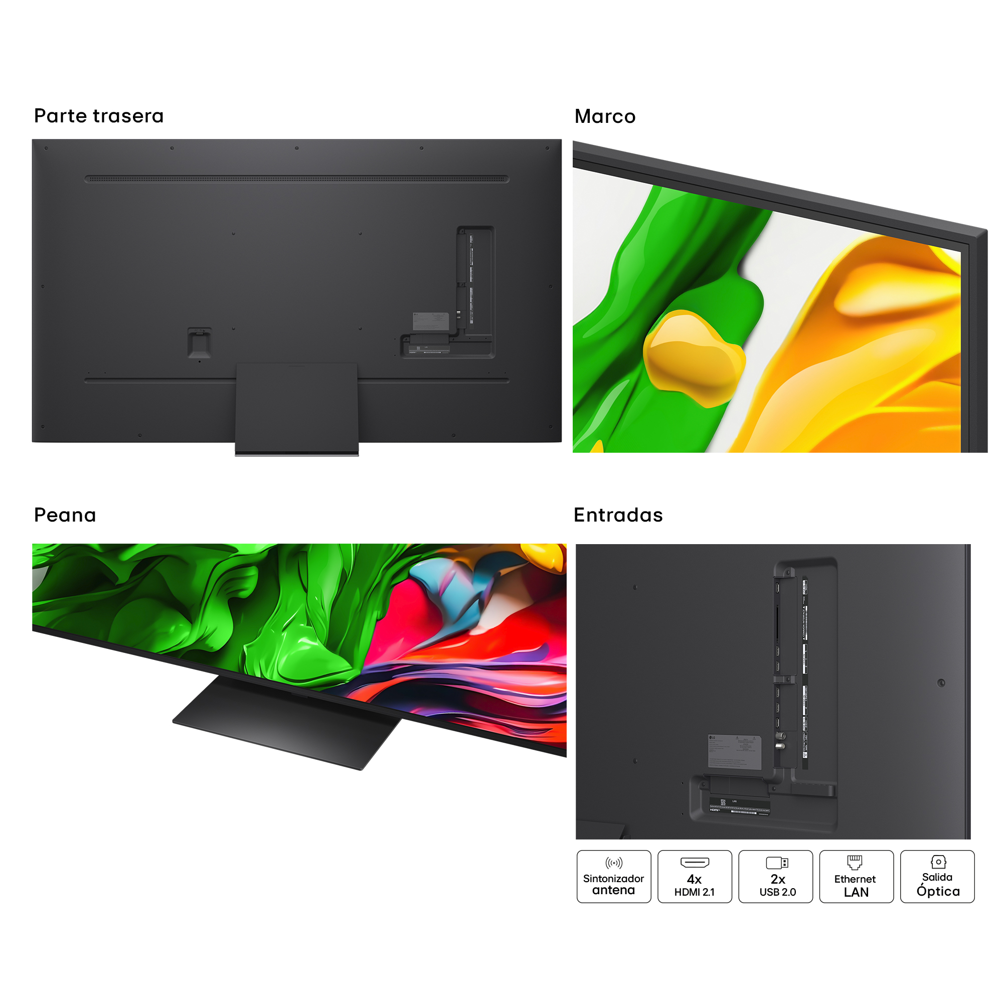 Primer plano de un televisor que muestra varios ángulos y puertos de conectividad.