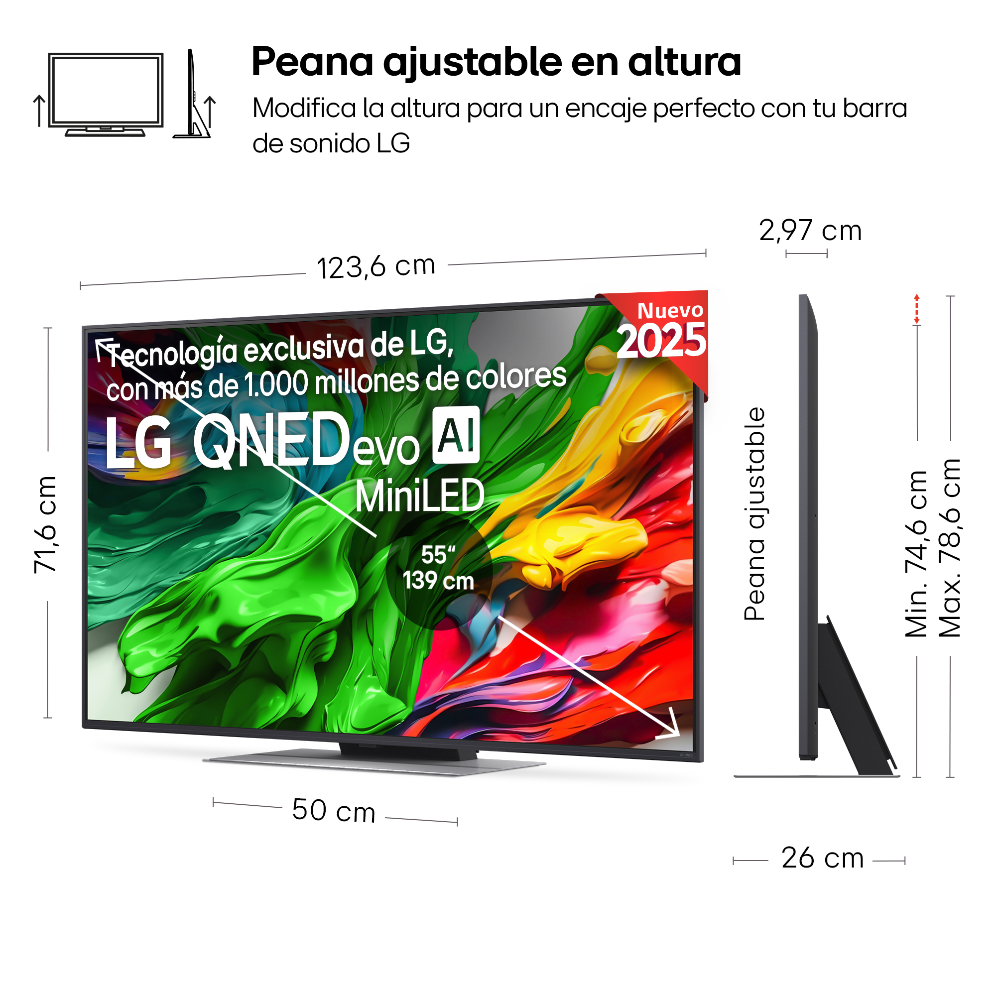 Ilustración de un televisor LG QNEDevo AI MiniLED con medidas.