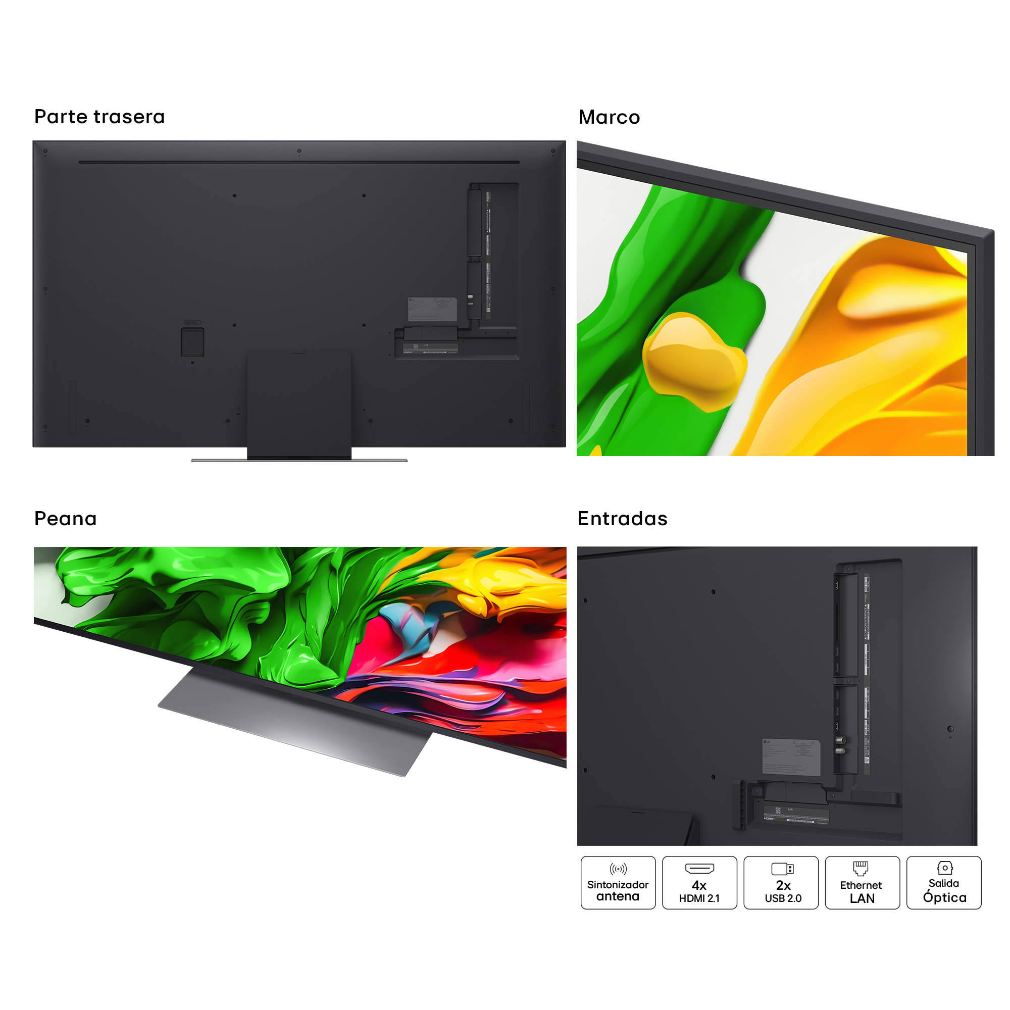 Primer plano de un televisor que muestra varios puertos y detalles de diseño.