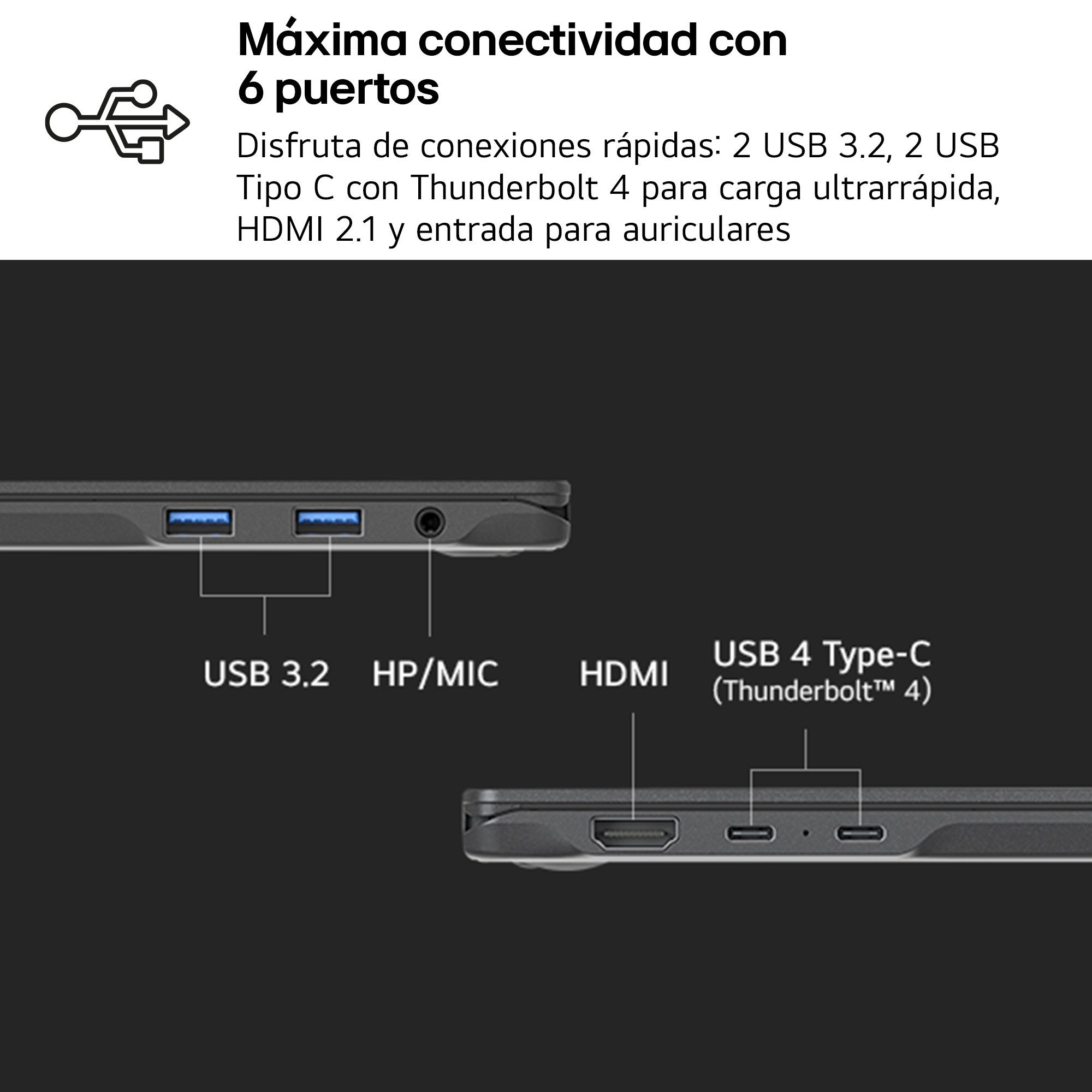 Primer plano de un portátil que muestra puertos USB, HDMI y de auriculares sobre un fondo negro.