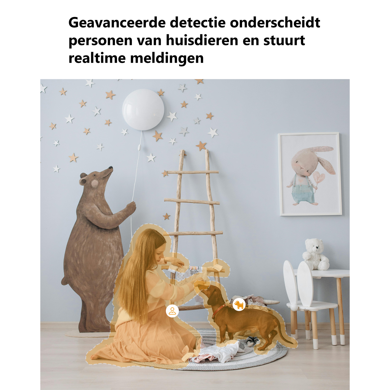 A girl plays with a dachshund in a child's room with bear and star motifs.