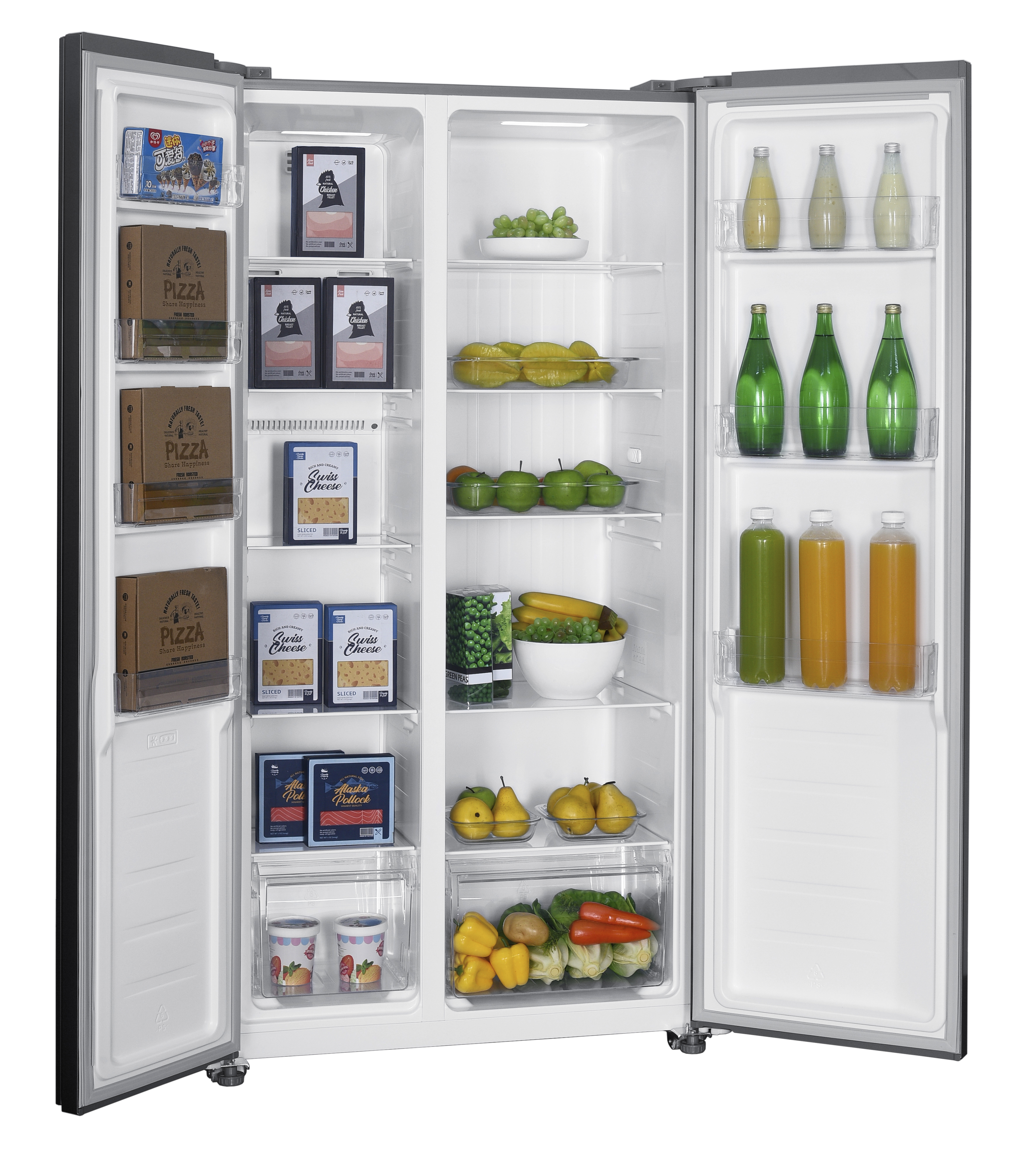 Otwarta lodówka wypełniona jedzeniem: pizza, kurczak, ser szwajcarski, sok, warzywa, owoce i lody.