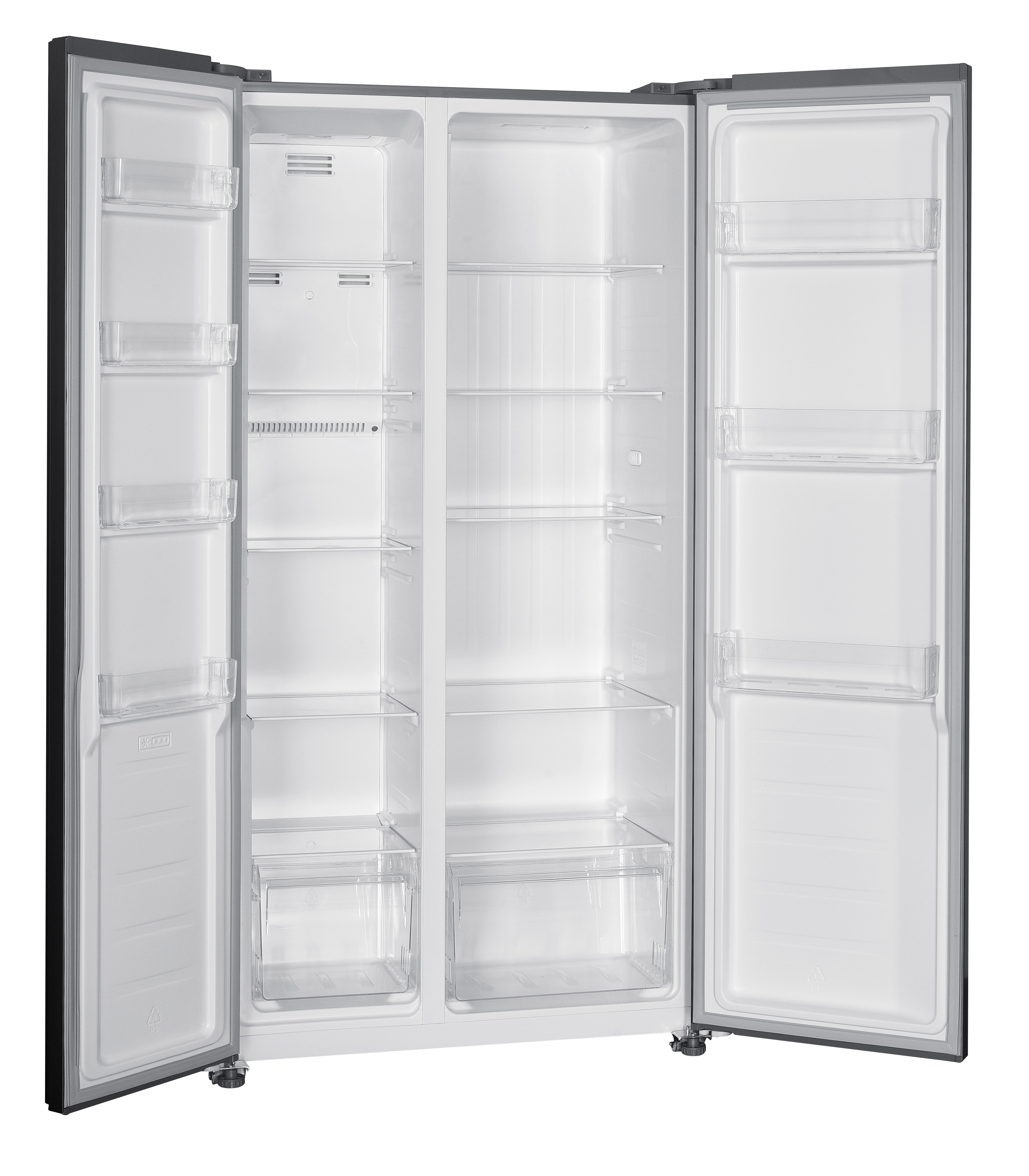 Otwarta, pusta, szara lodówka side-by-side z półkami i pojemnikami.