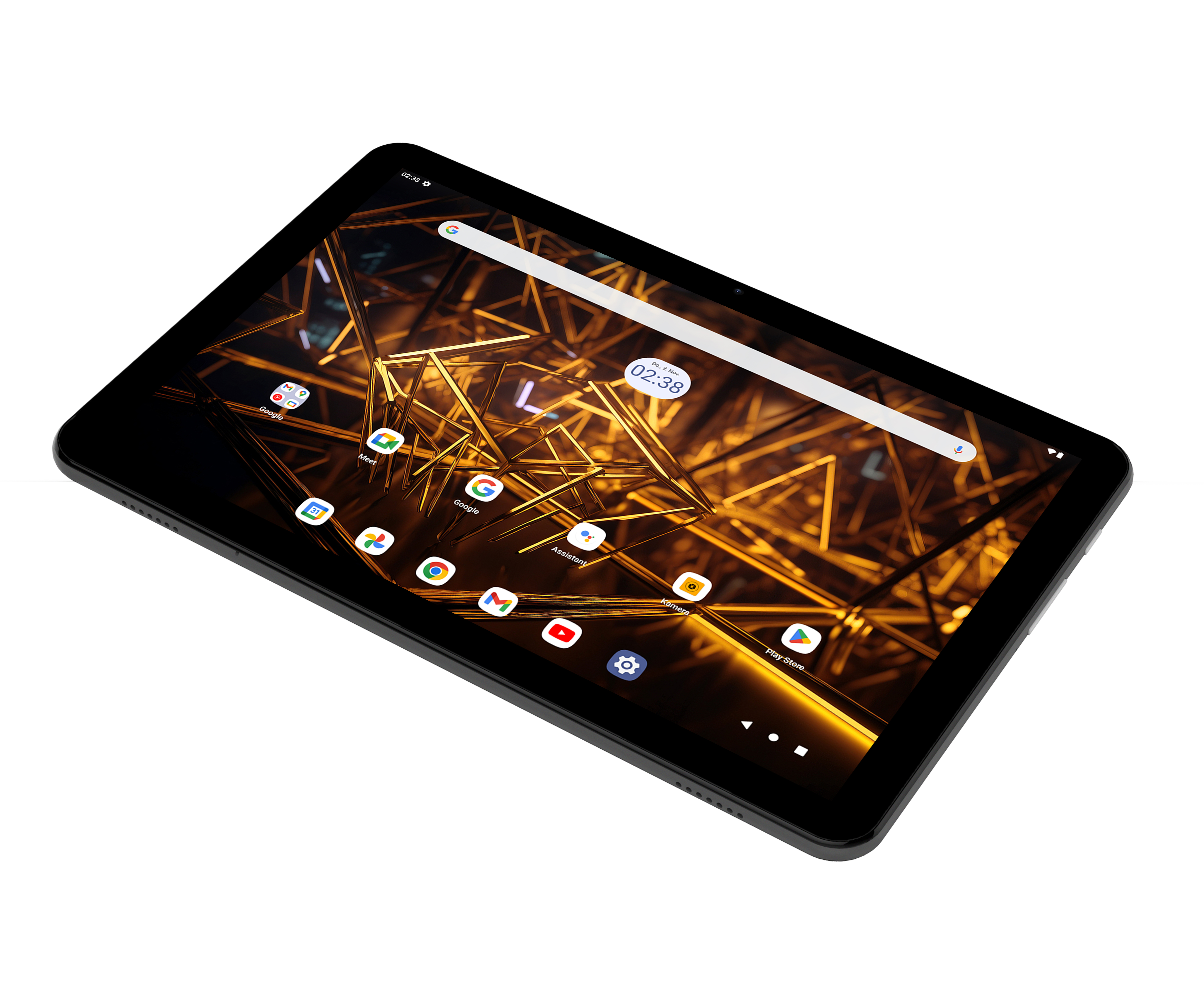 Czarny tablet wyświetla ekran z ikonami aplikacji i złotym geometrycznym tłem.