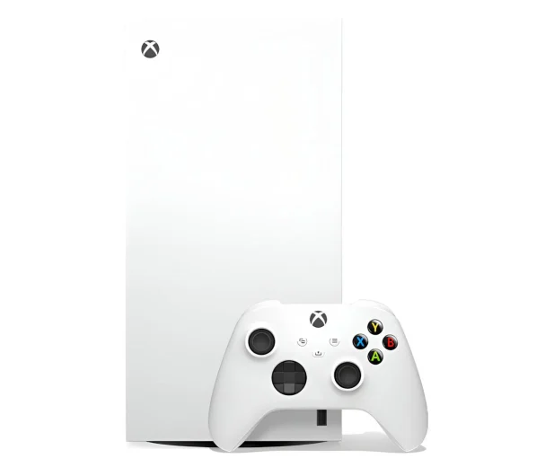 Biała konsola Xbox Series S i biały kontroler na białym tle. Logo Xbox jest widoczne.