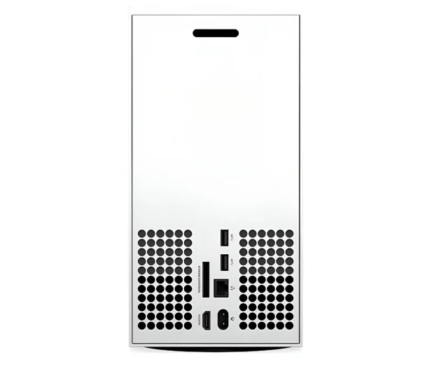 Tył białej konsoli Xbox Series S z otworami wentylacyjnymi, portami i logo Xbox.