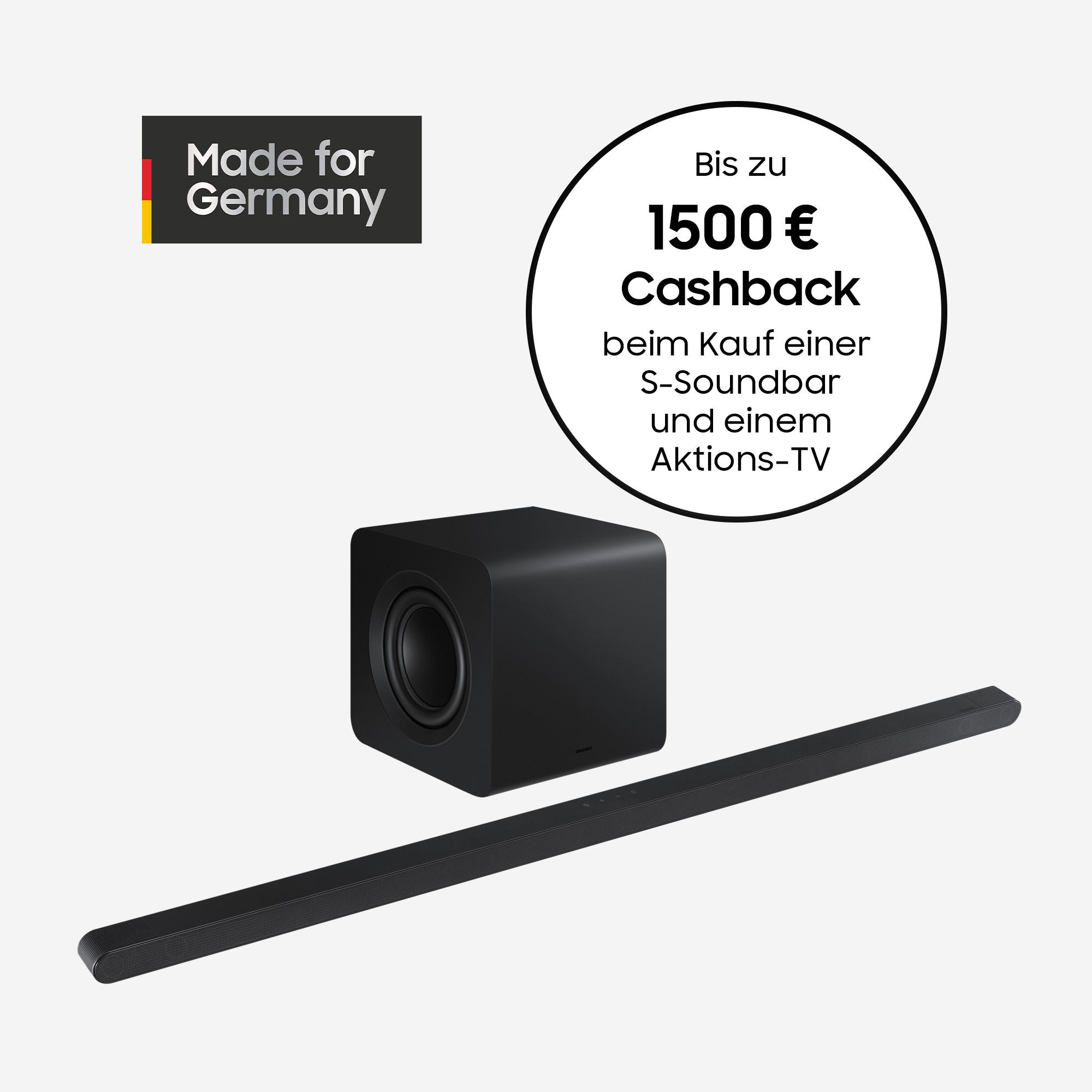Schwarzer Subwoofer und Soundbar mit "Made for Germany"-Logo und "1500 € Cashback"-Aktion.