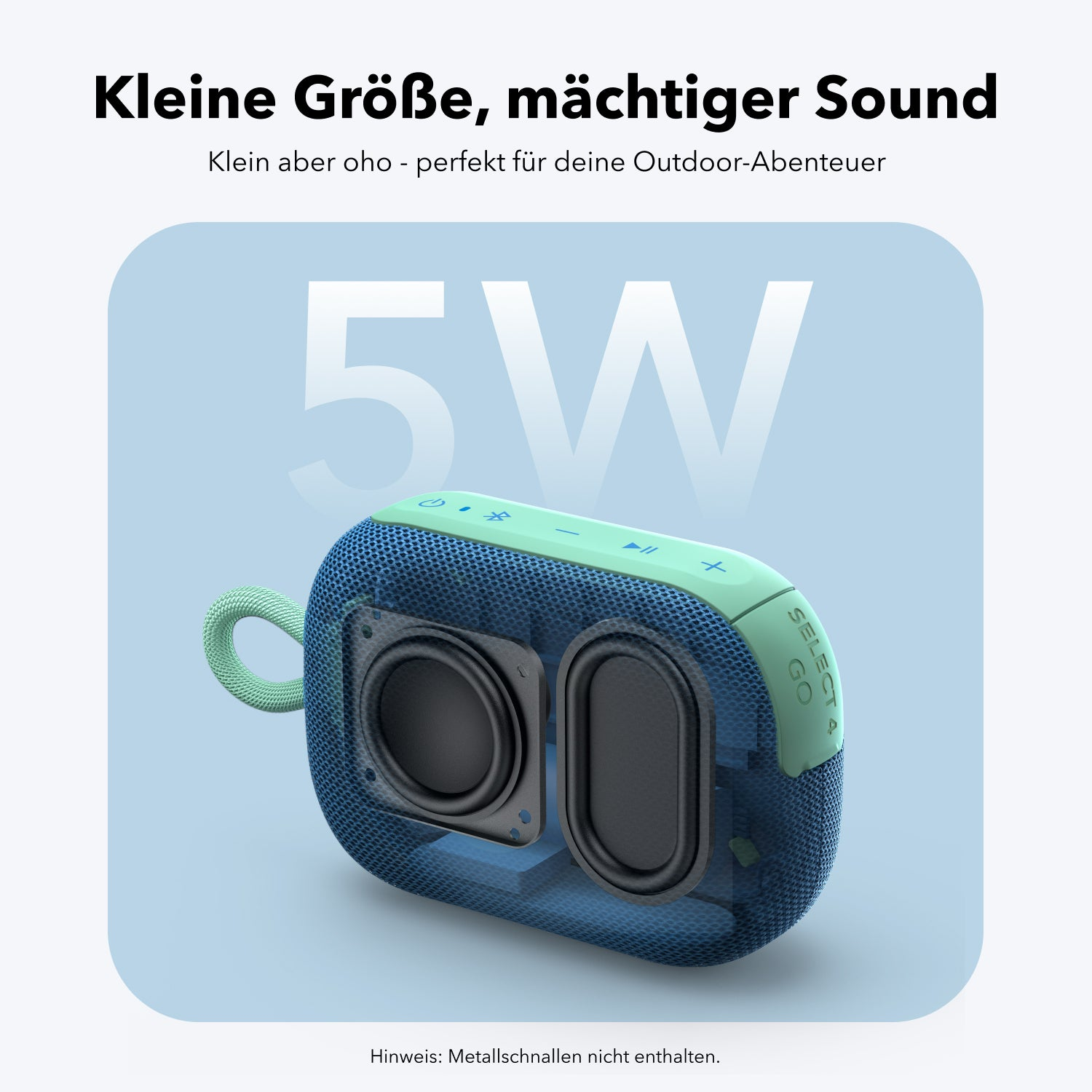 Blauer Lautsprecher mit grünen Akzenten, transparentem Design und 5W-Aufdruck.