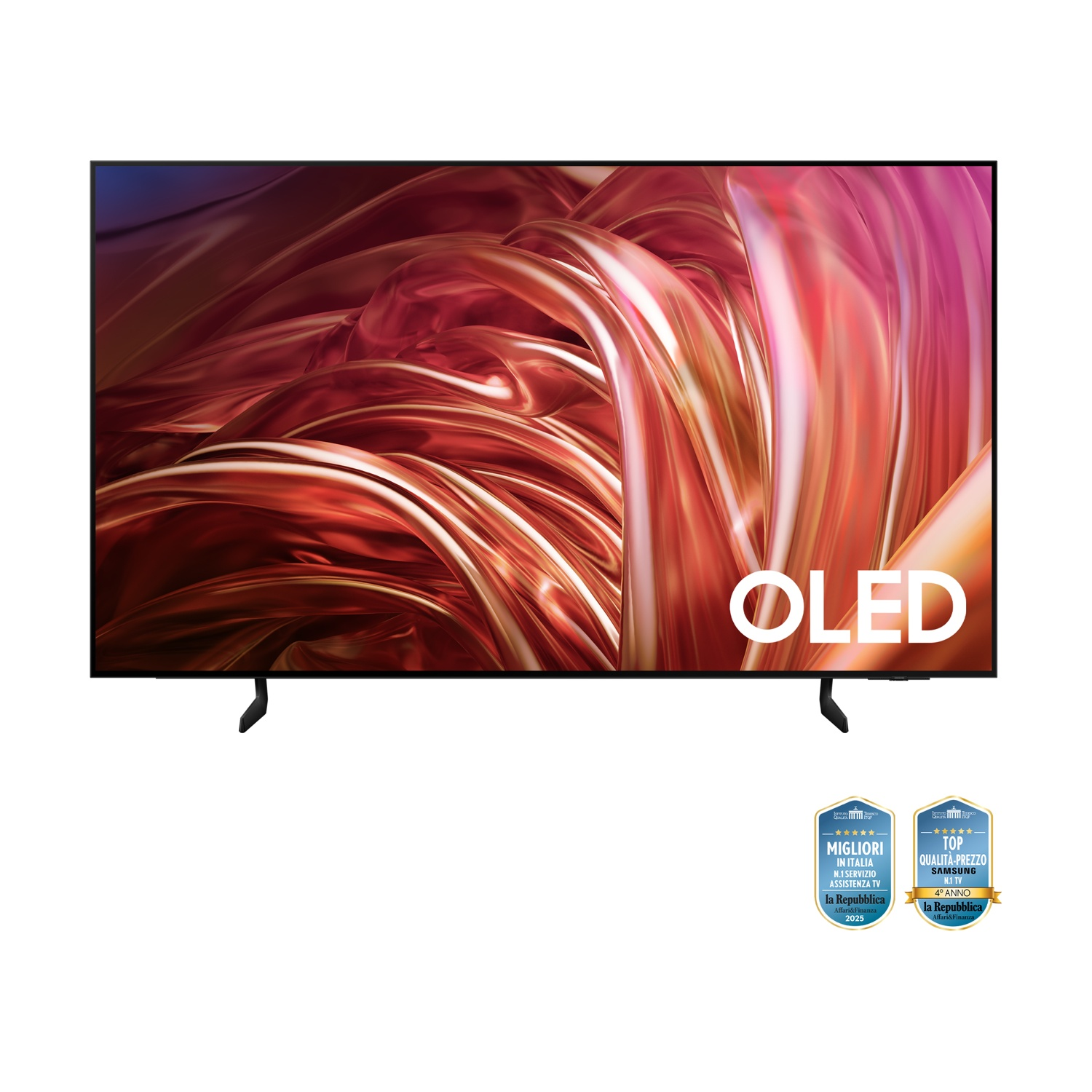 Un televisore OLED mostra un design astratto e vorticoso nei toni del rosso e del bianco.