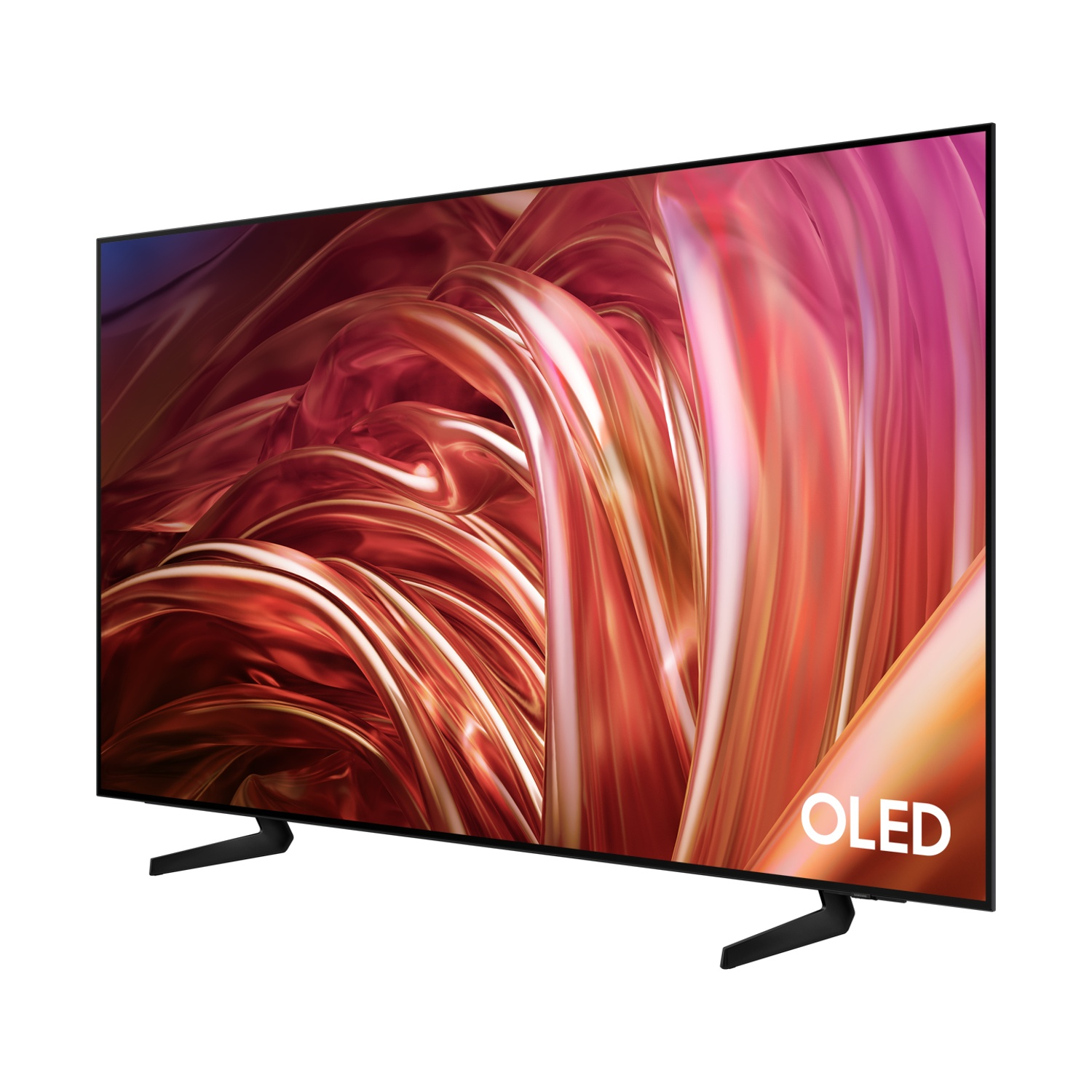 Un televisore OLED con display astratto e cornice nera si erge su uno sfondo bianco.