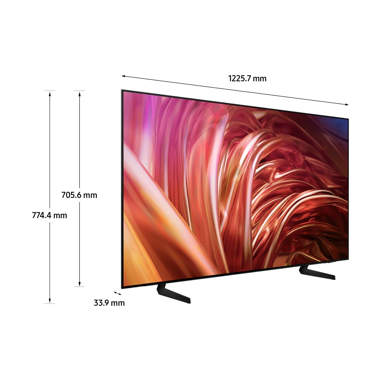 TV nero con immagine astratta colorata sullo schermo, dimensioni etichettate.