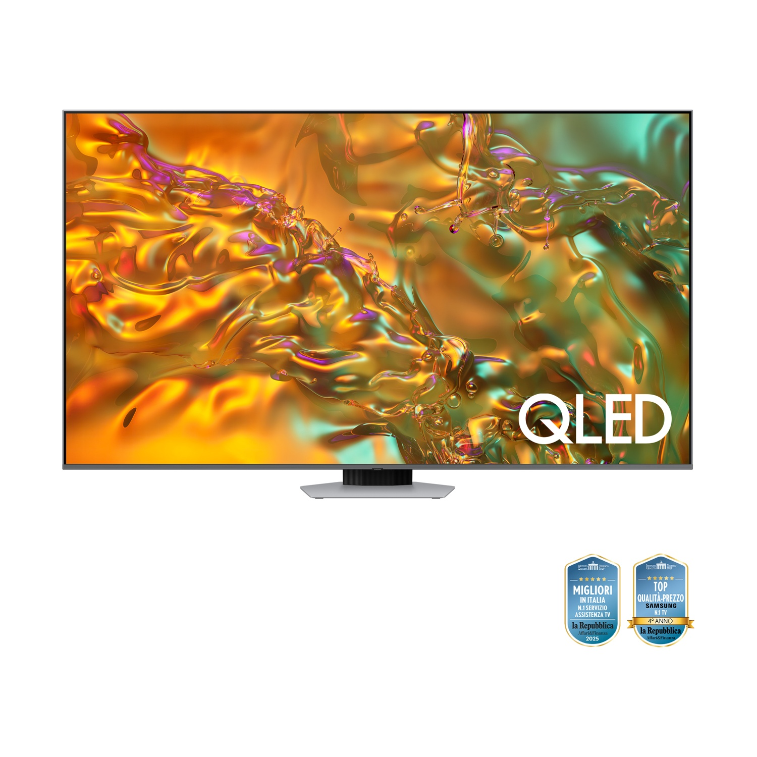 Un televisore QLED con sfondo astratto dorato e supporto argento.