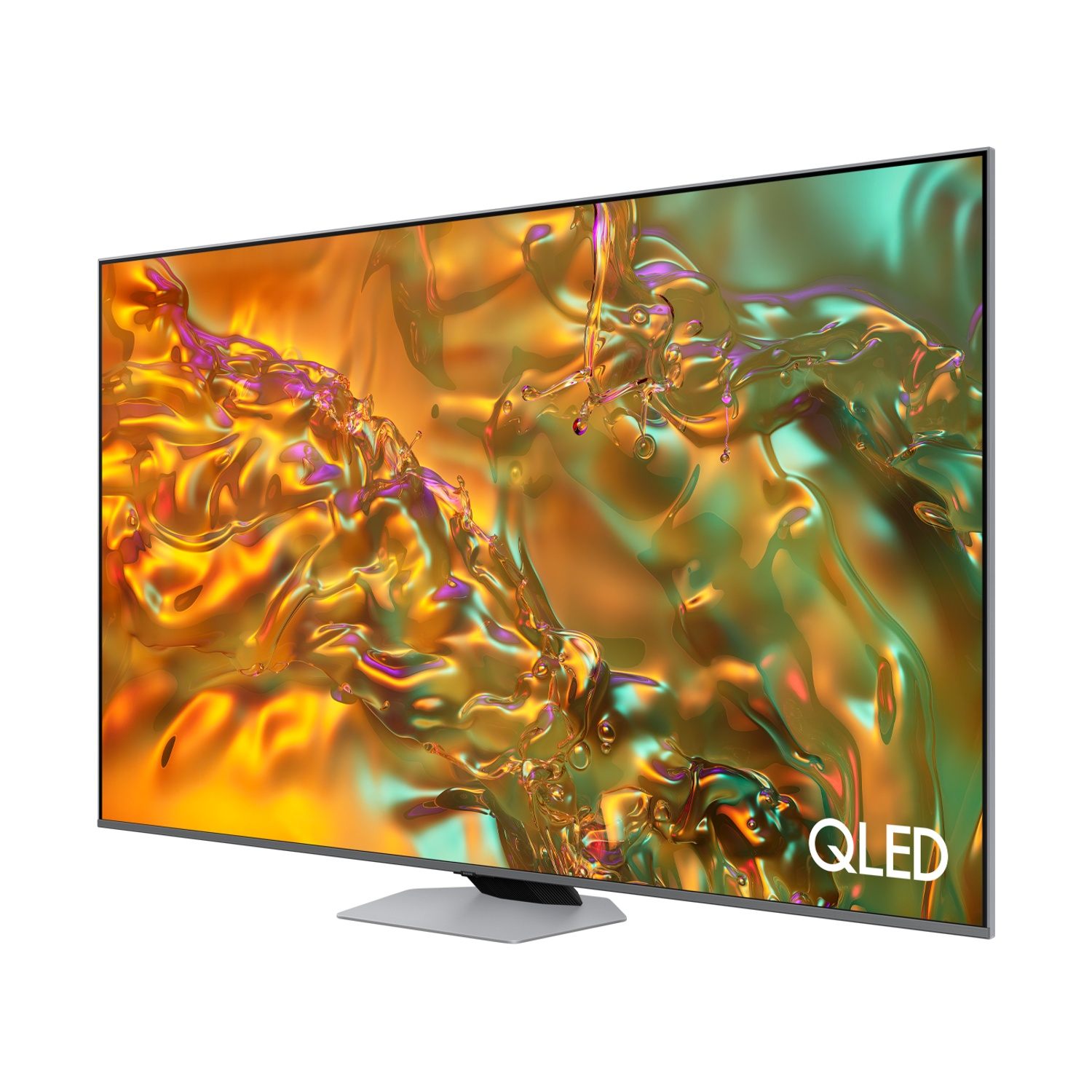 Primo piano di un televisore QLED con display astratto e colorato su supporto argentato.