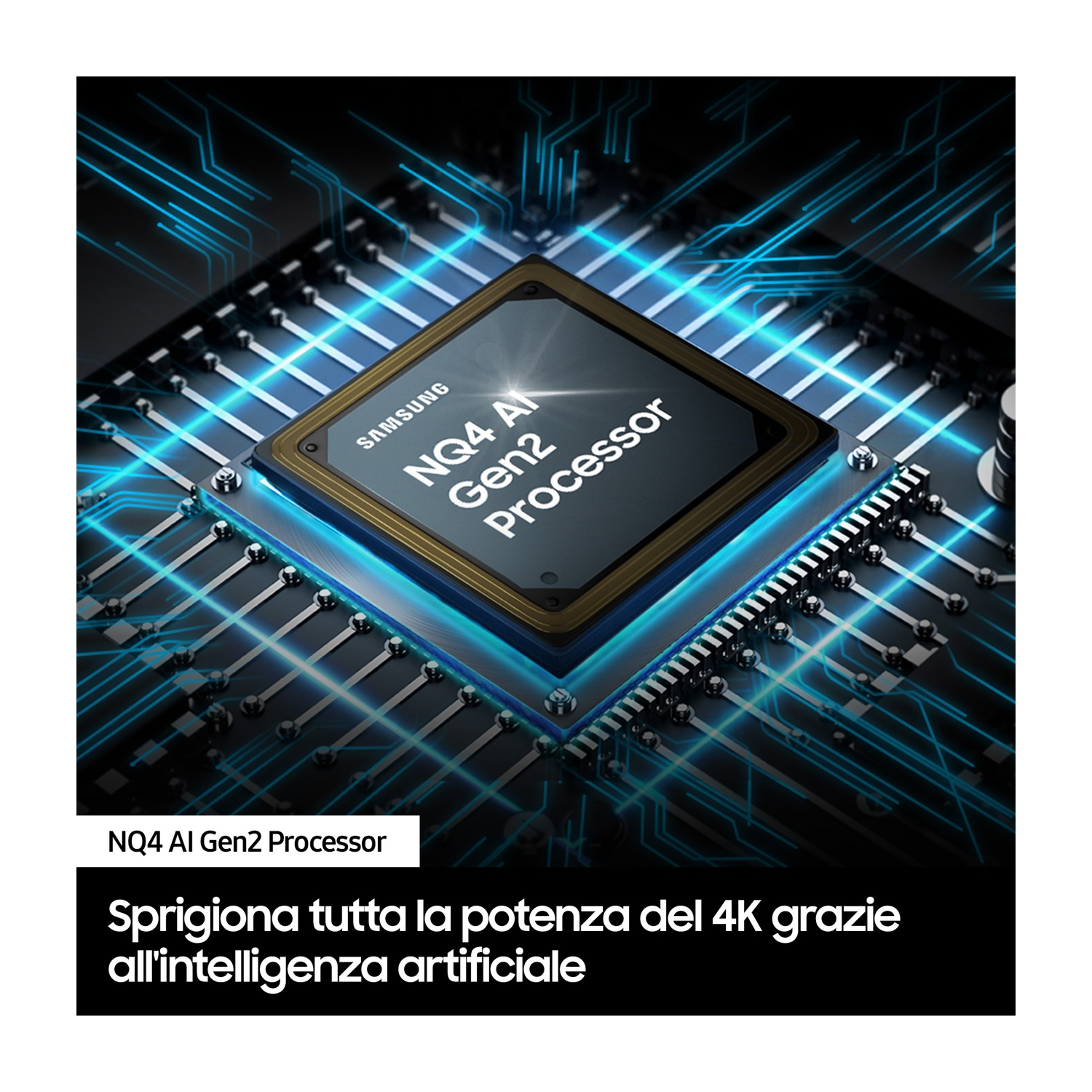Primo piano di un processore Samsung NQ4 AI Gen2 con linee di circuito blu.