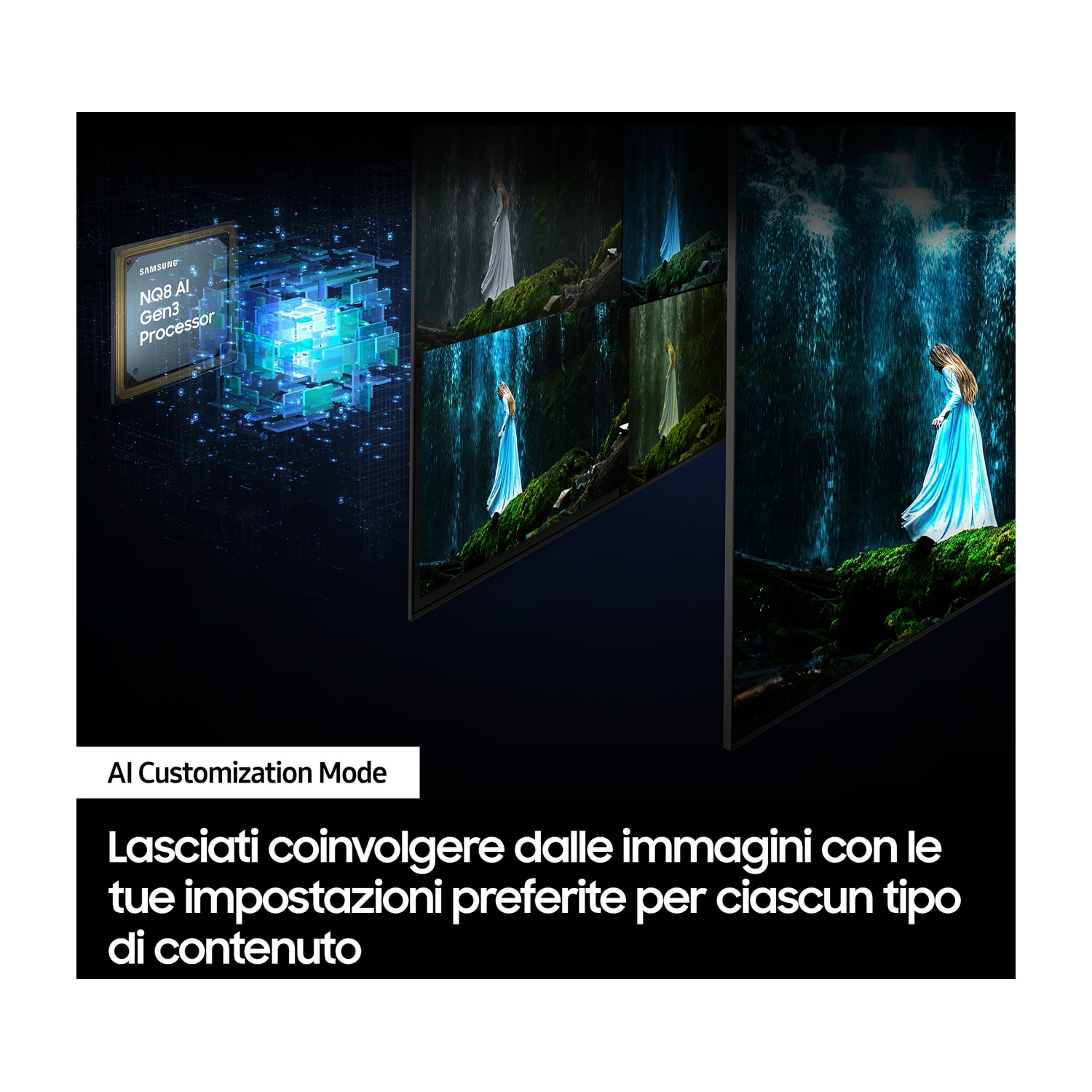 Schermo mostra donna vicino cascata, con processore NQ8 AI Gen3.
