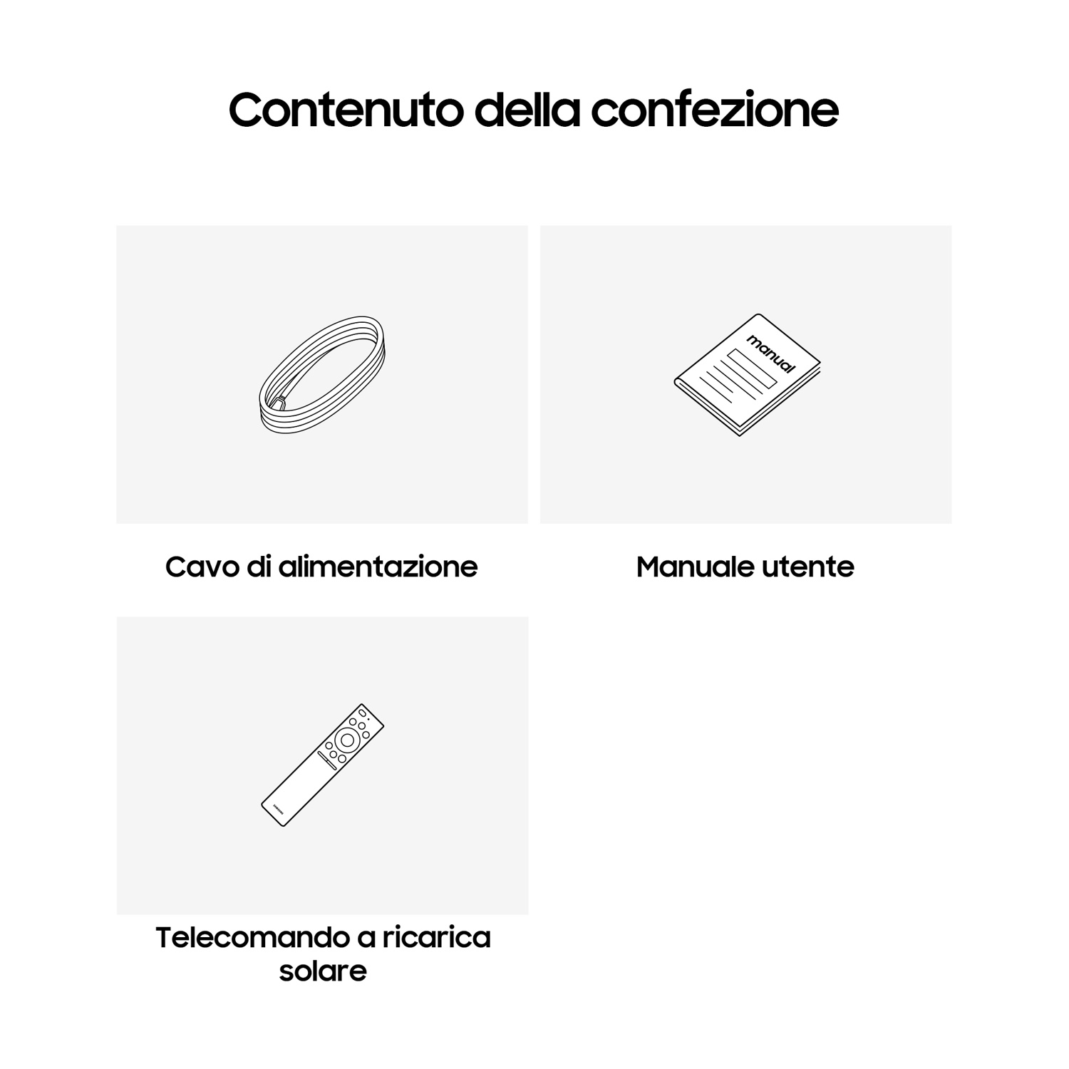 L'immagine mostra un cavo di alimentazione, un manuale utente e un telecomando a ricarica solare.