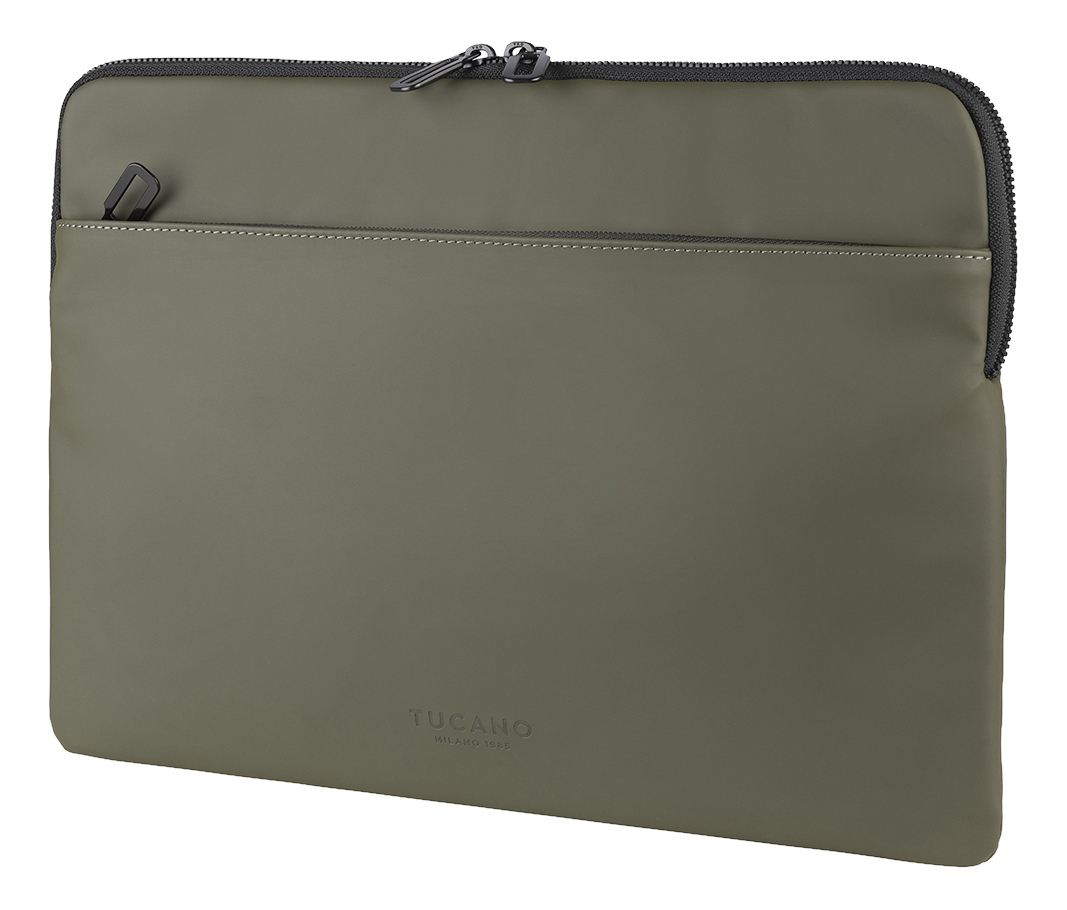 Custodia per laptop verde oliva con chiusura a zip e tasca esterna.