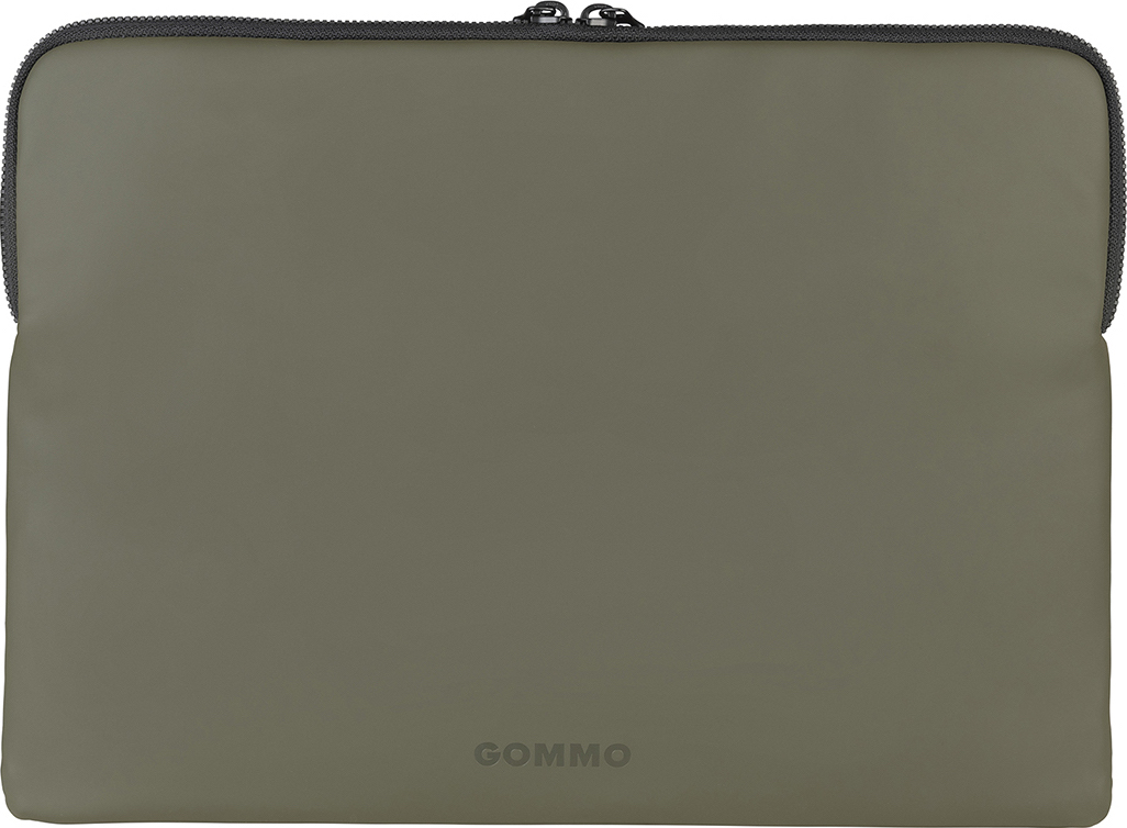 Custodia per laptop verde oliva con cerniera nera e marchio 'GOMMO'.