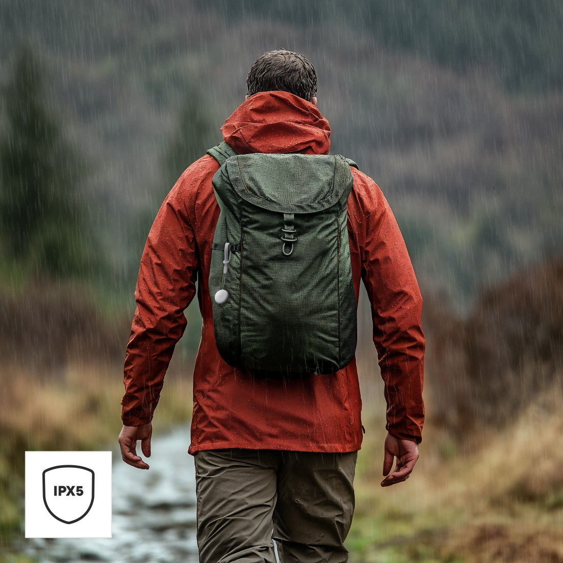 Person mit Rucksack und roter Jacke im Regen, geht einen Pfad entlang.