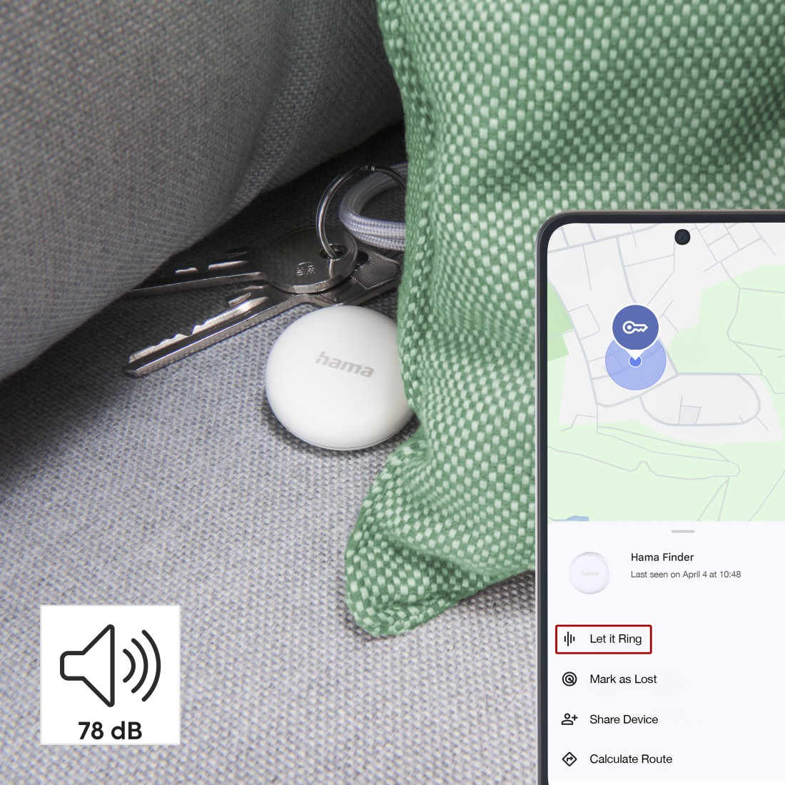 Nahaufnahme eines Hama-Finders, Schlüsseln und eines Smartphones, das die Finder-App anzeigt.