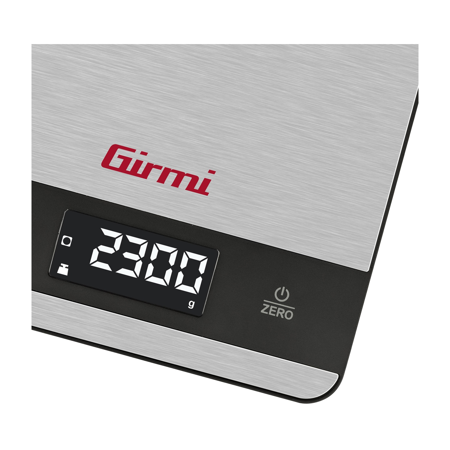 Bilancia da cucina Girmi argentata che mostra 2300 g su uno schermo nero.