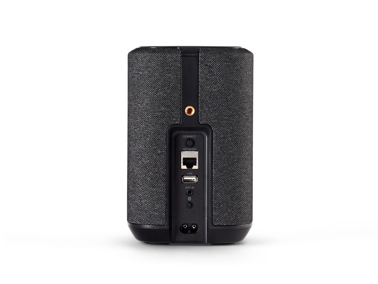Rückseite eines grauen Lautsprechers mit Anschlüssen für Netzwerk, USB und AUX.