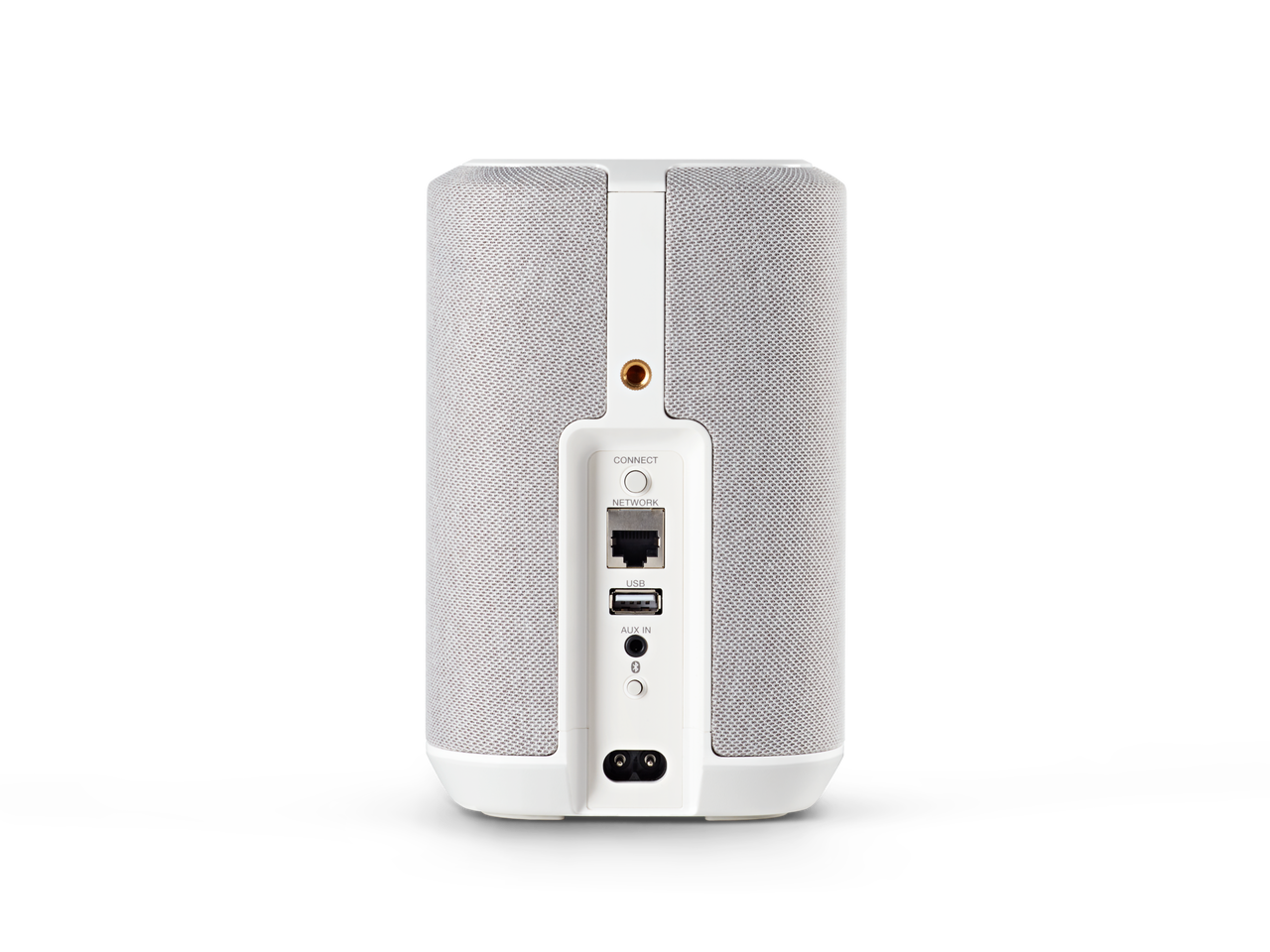 Rückseite eines weißen Lautsprechers mit Anschlüssen für Netzwerk, USB und AUX-Eingang.