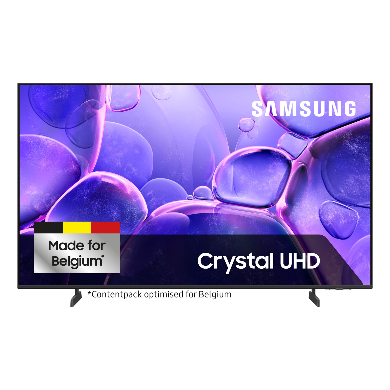 Samsung Crystal UHD TV with purple bubble background and 'Made for Belgium' logo.
