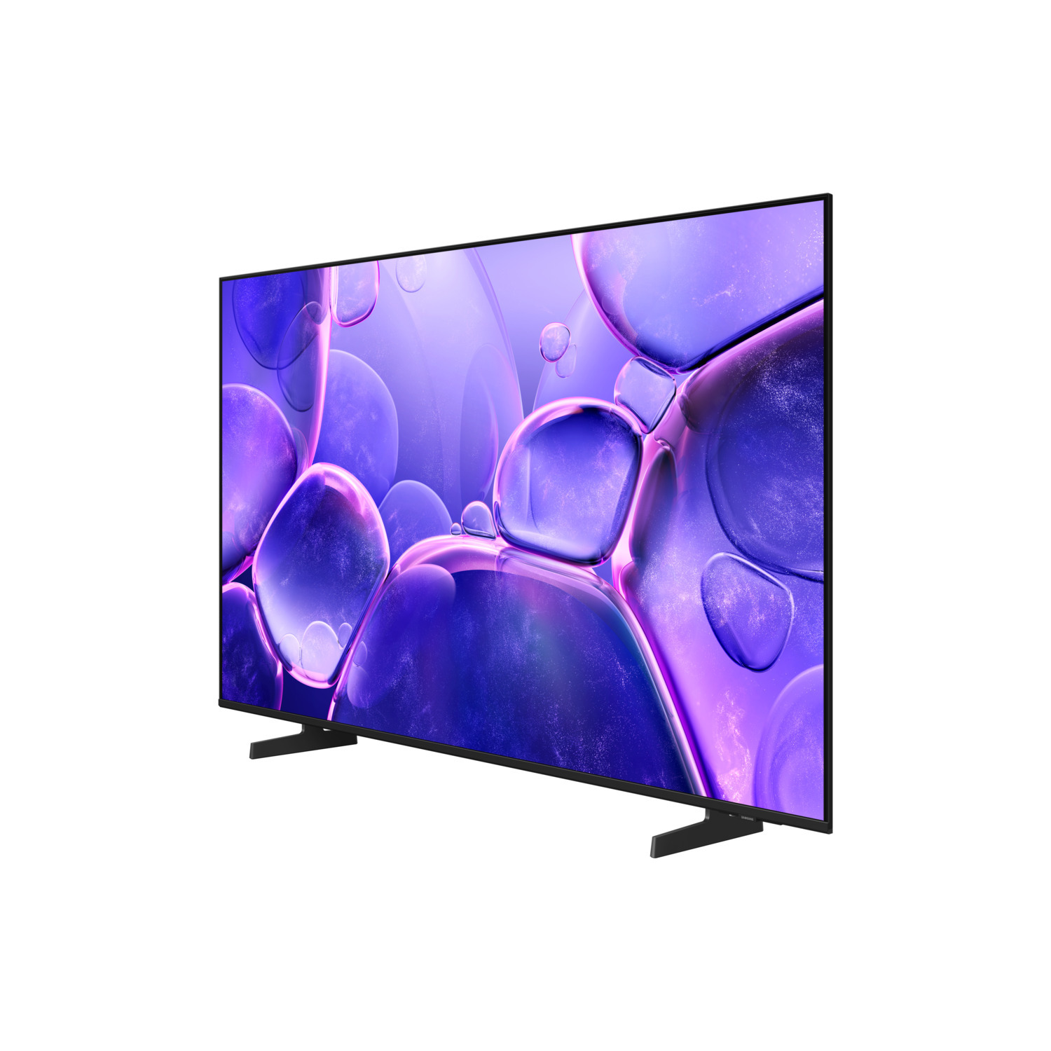 Flat screen TV with purple bubble pattern on a white background.