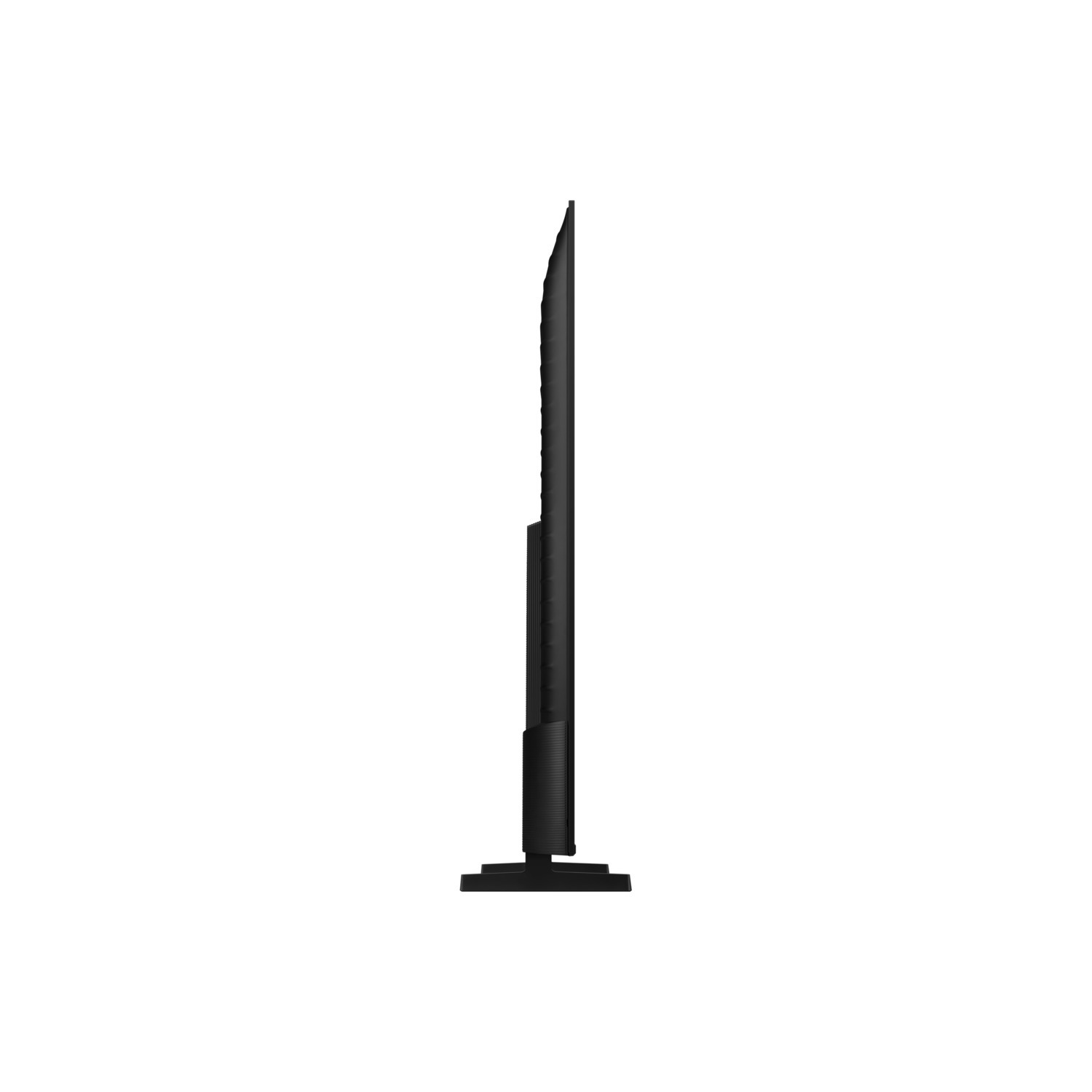 Black flat screen TV stands on a white background, side view.