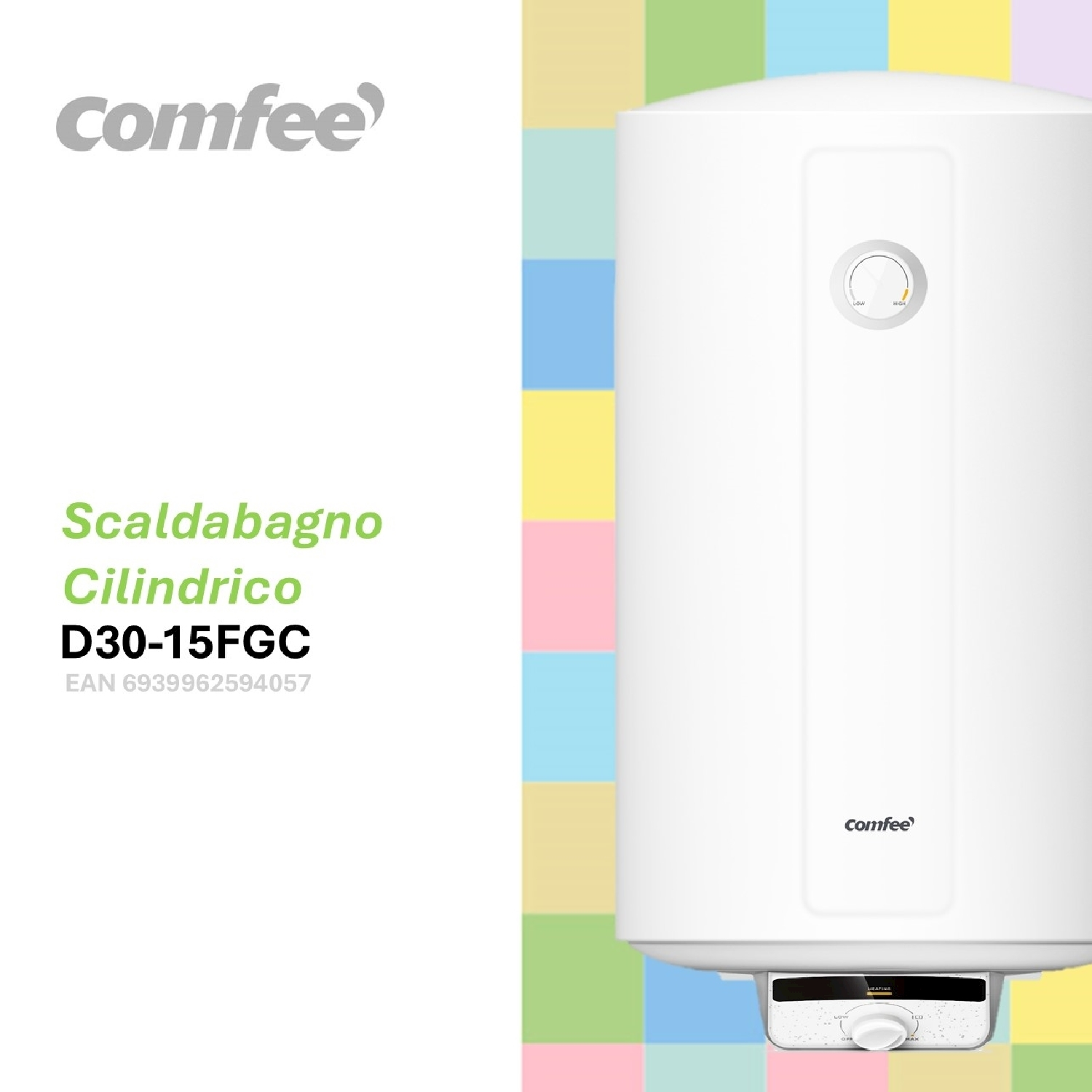 Scaldabagno bianco con controllo della temperatura su sfondo colorato.