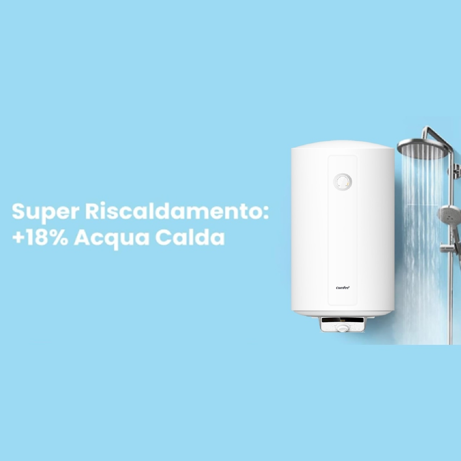 Scaldabagno bianco accanto alla doccia su sfondo blu.