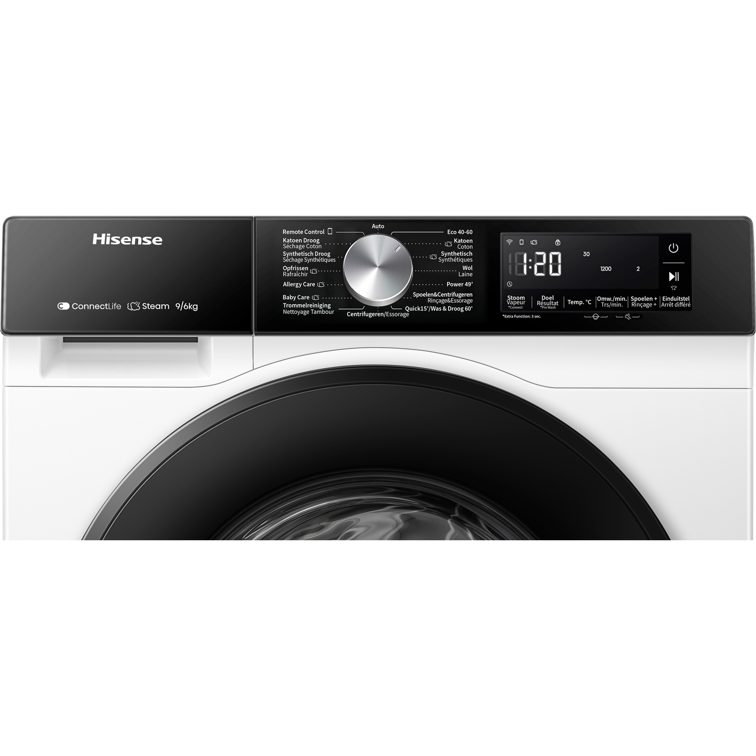 Close-up van een witte Hisense wasmachine met zwarte rand en bedieningspaneel.