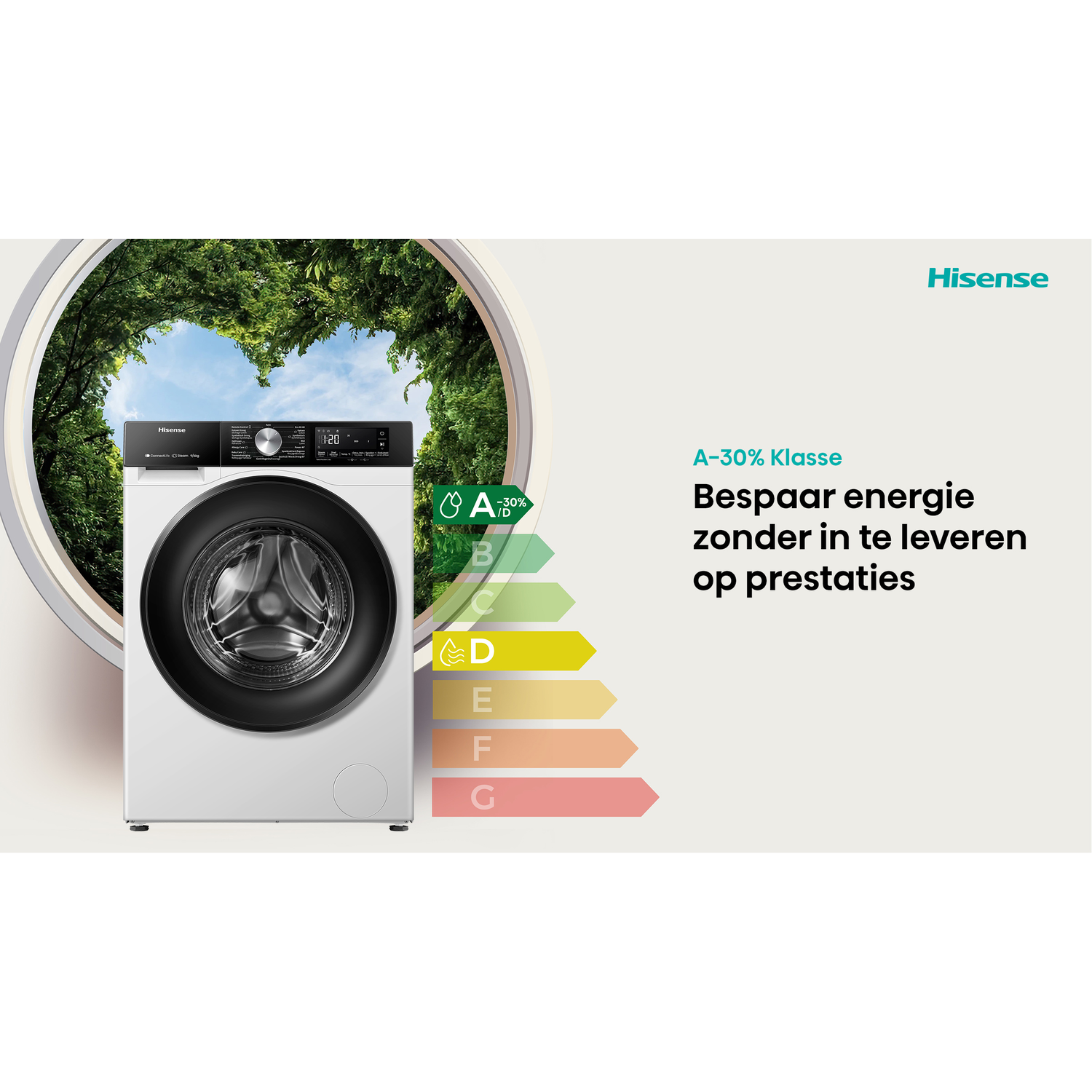 Vooraanzicht van een witte Hisense wasmachine met energielabel en gebladerte op de achtergrond.