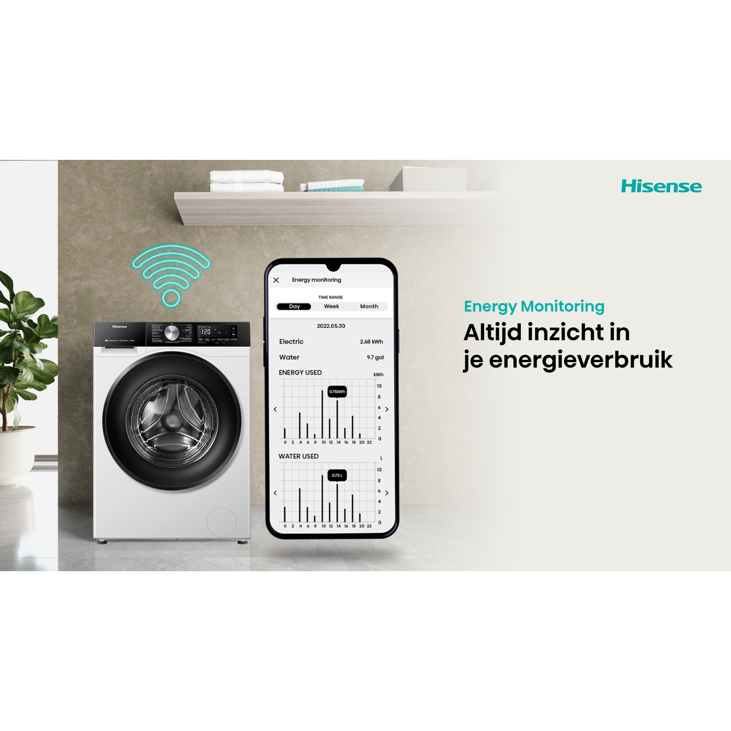 Witte wasmachine met energiebewakingsapp op een smartphone.